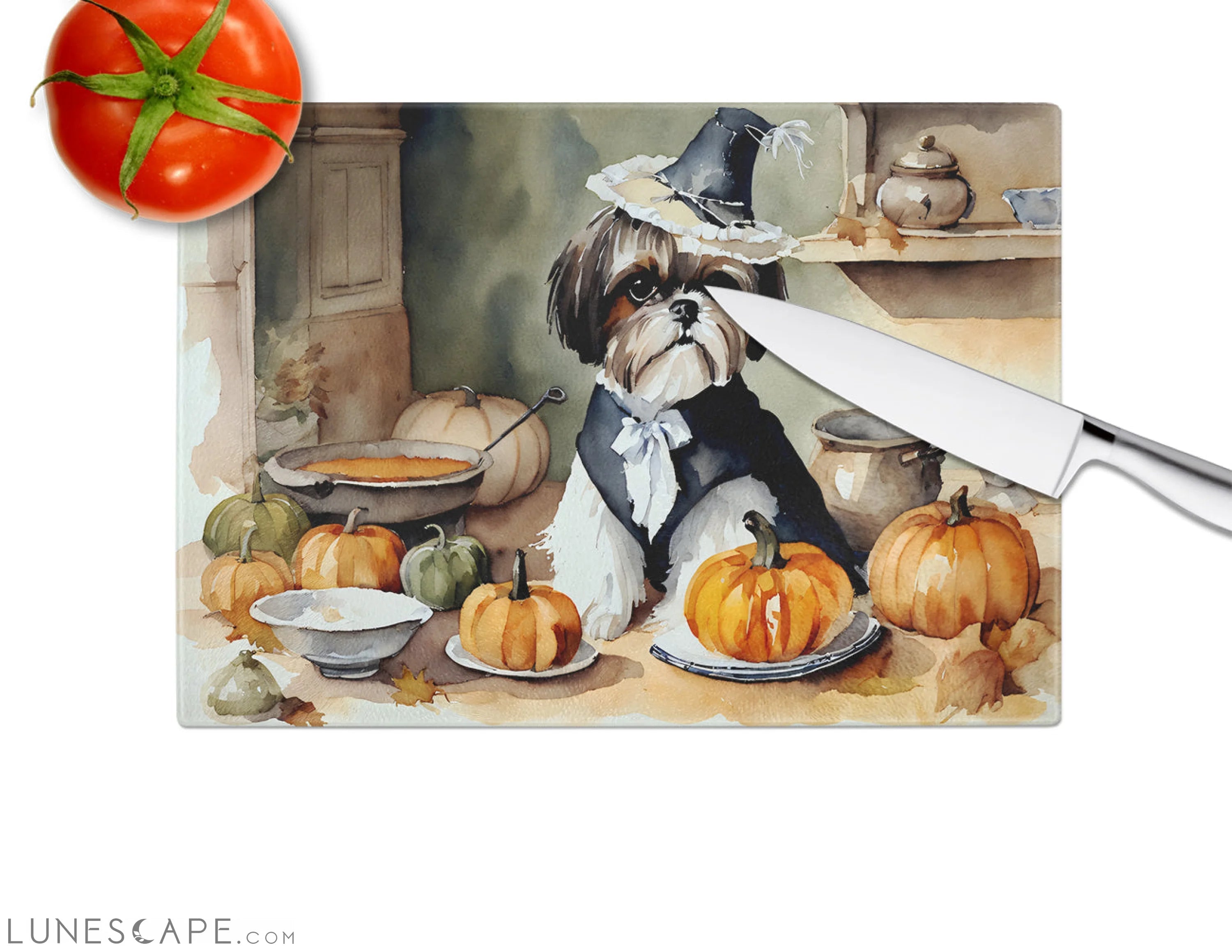 Shih Tzu Fall Thanksgiving Kitchen Pumpkins Glass Cutting Board LUNESCAPE