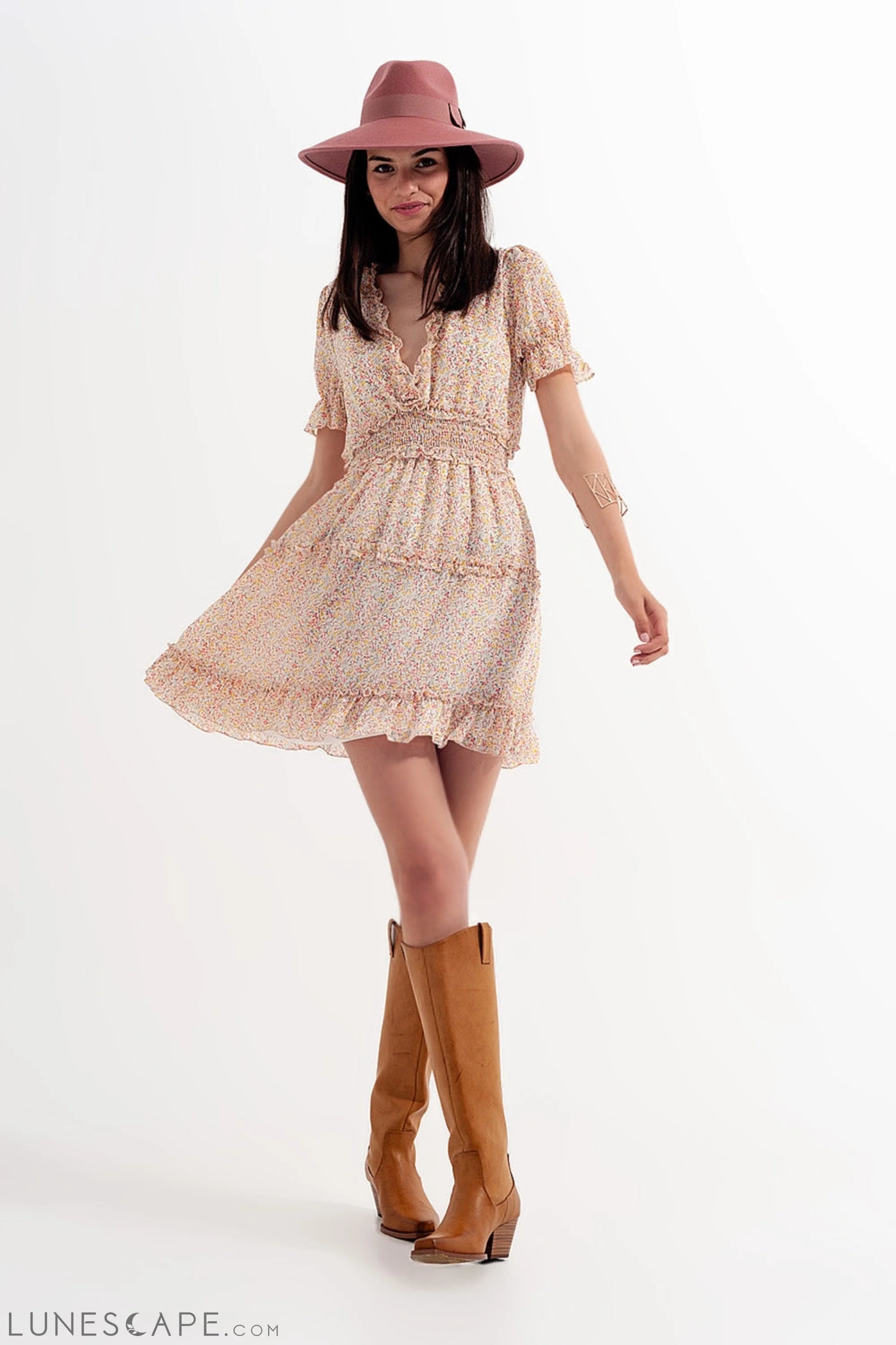 Shirred Mini Skater Dress in Floral Yellow LUNESCAPE