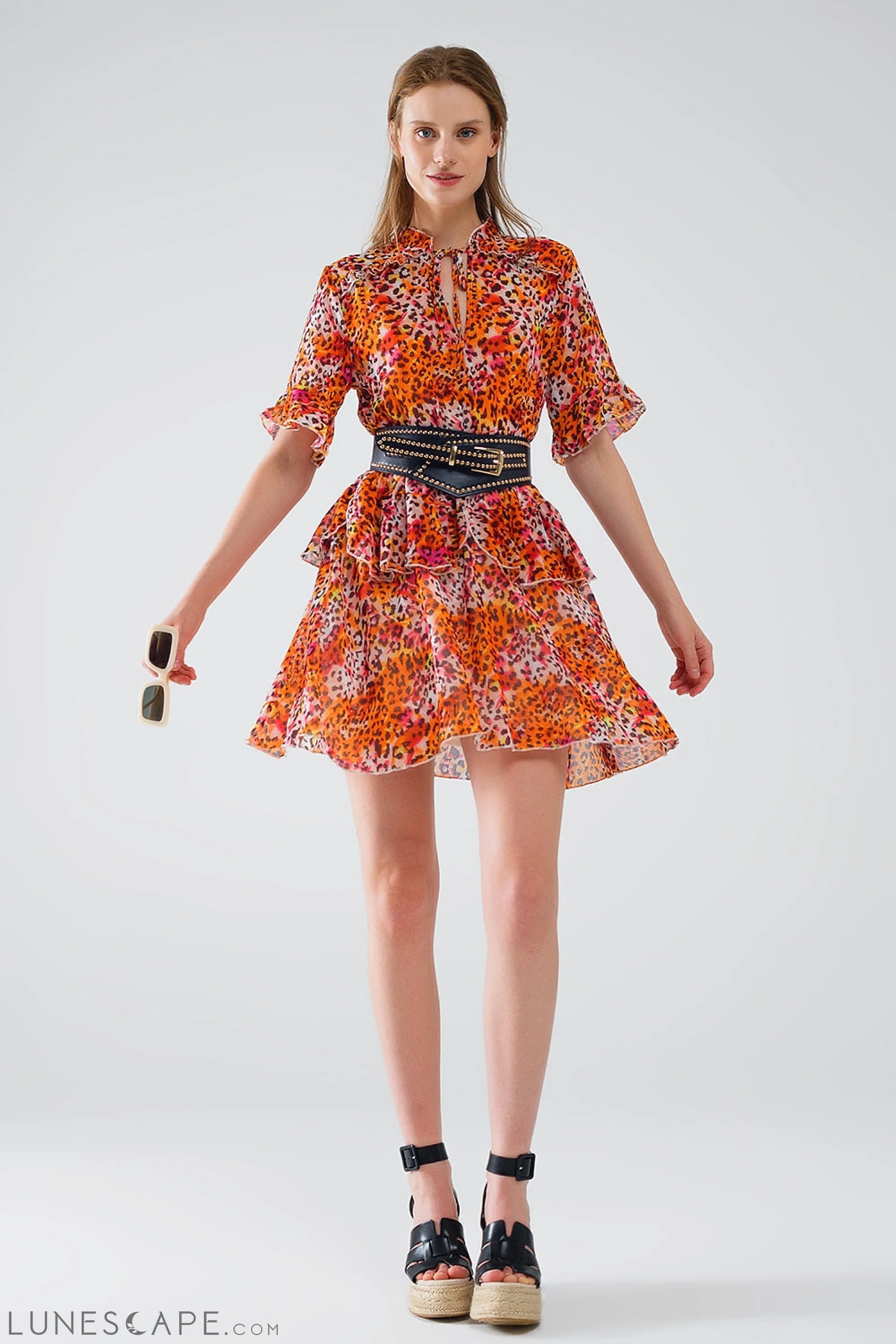 Short Dress With Animal Print in Orange and White LUNESCAPE