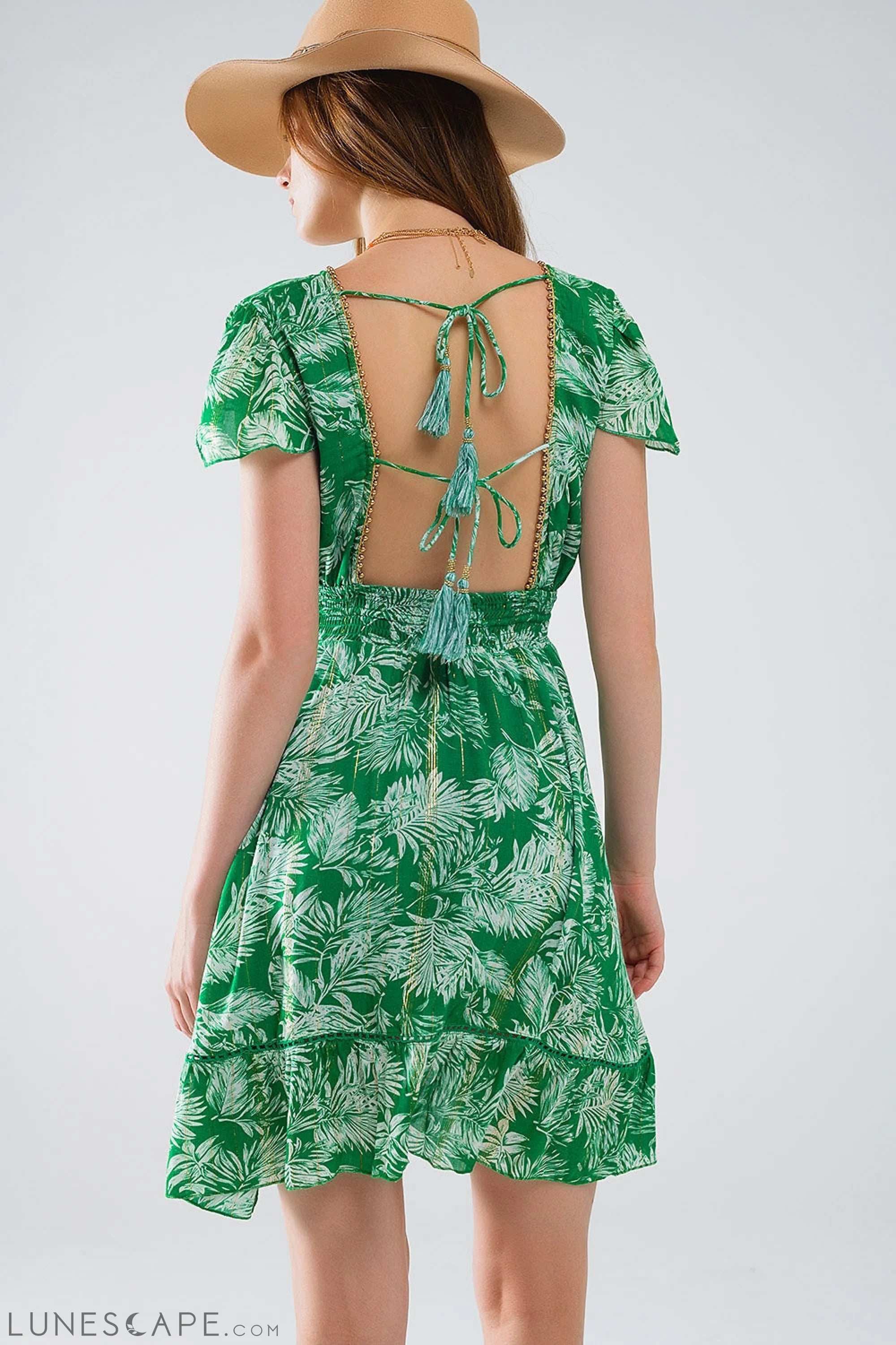 Short Green Boho Flower Print Dress With Open Back Women’s Fashion - Women’s Clothing - Dress - Short-Sleeve Dress