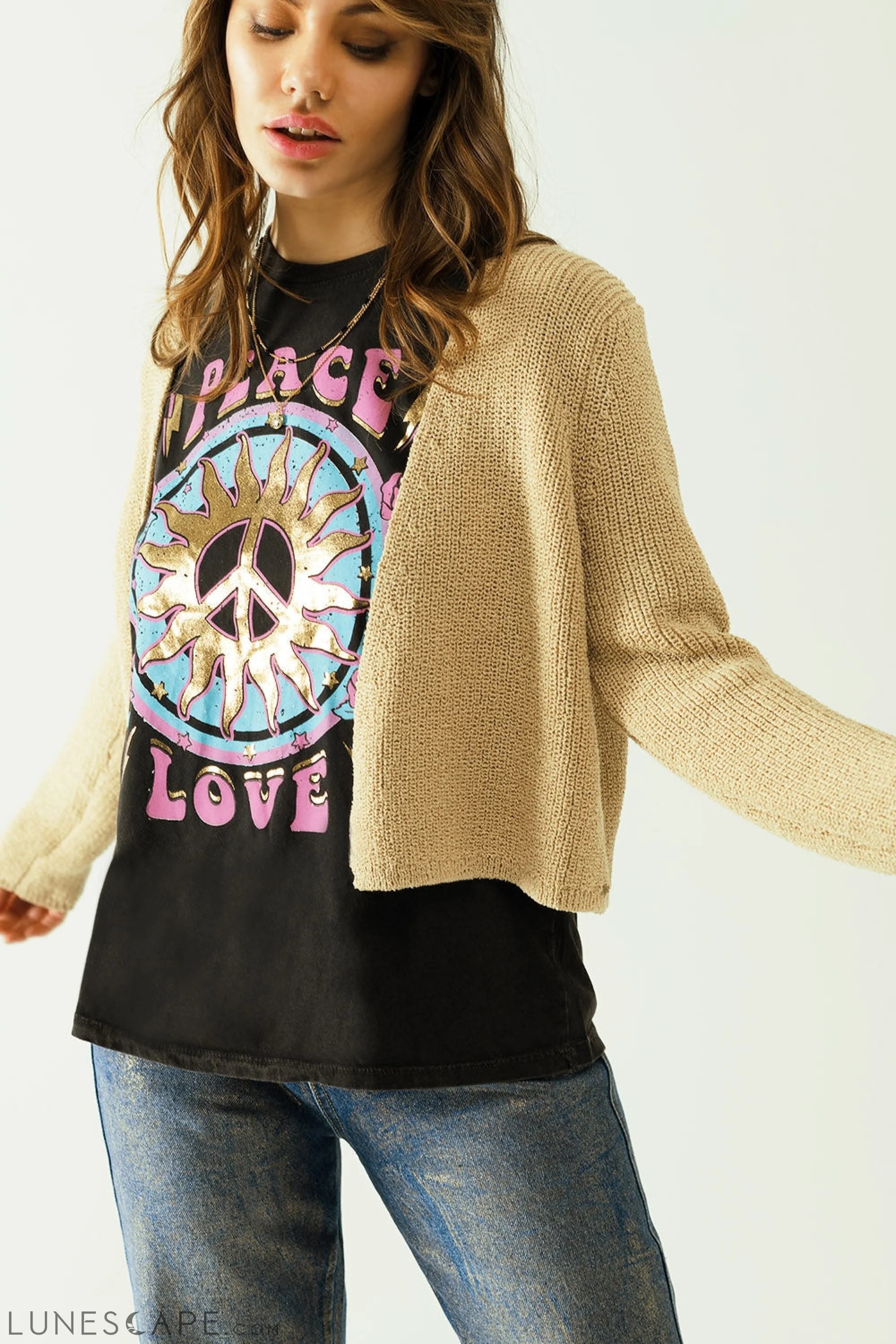 Short Open Cardigan in Beige Knit With Long Sleeves LUNESCAPE