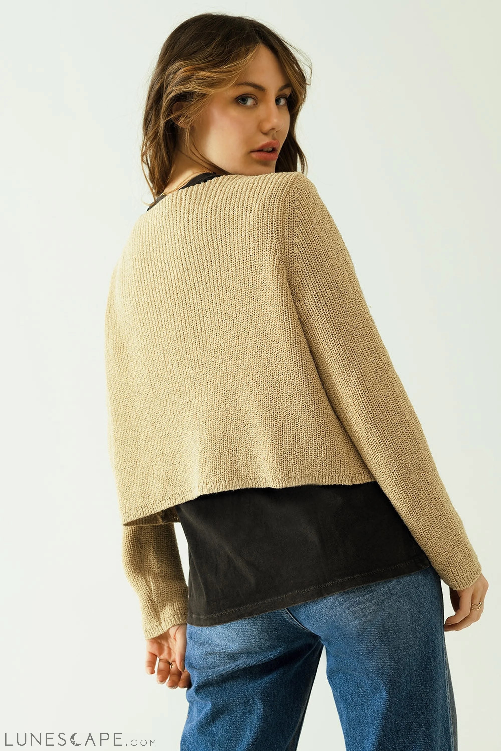 Short Open Cardigan in Beige Knit With Long Sleeves LUNESCAPE