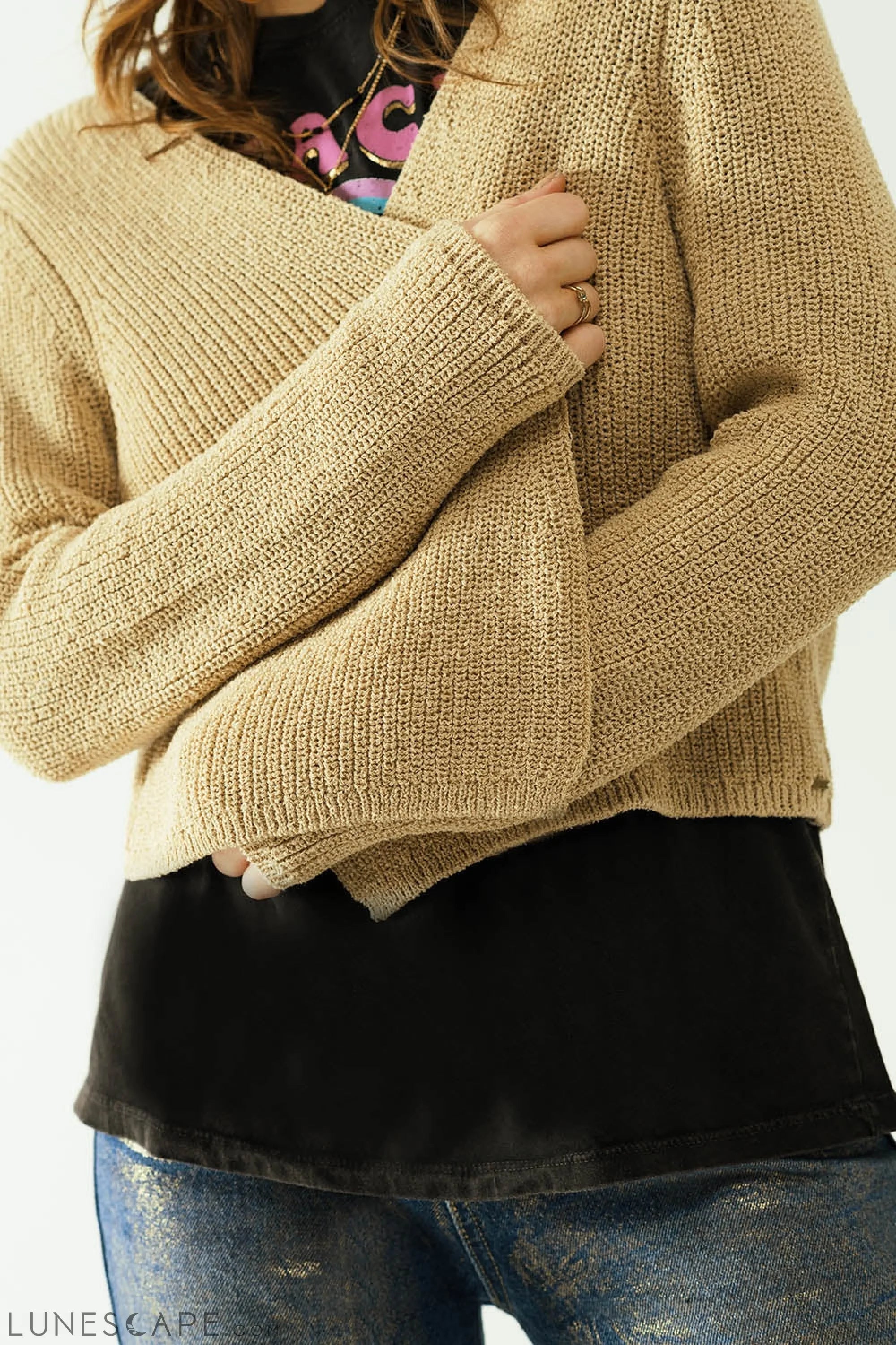 Short Open Cardigan in Beige Knit With Long Sleeves LUNESCAPE