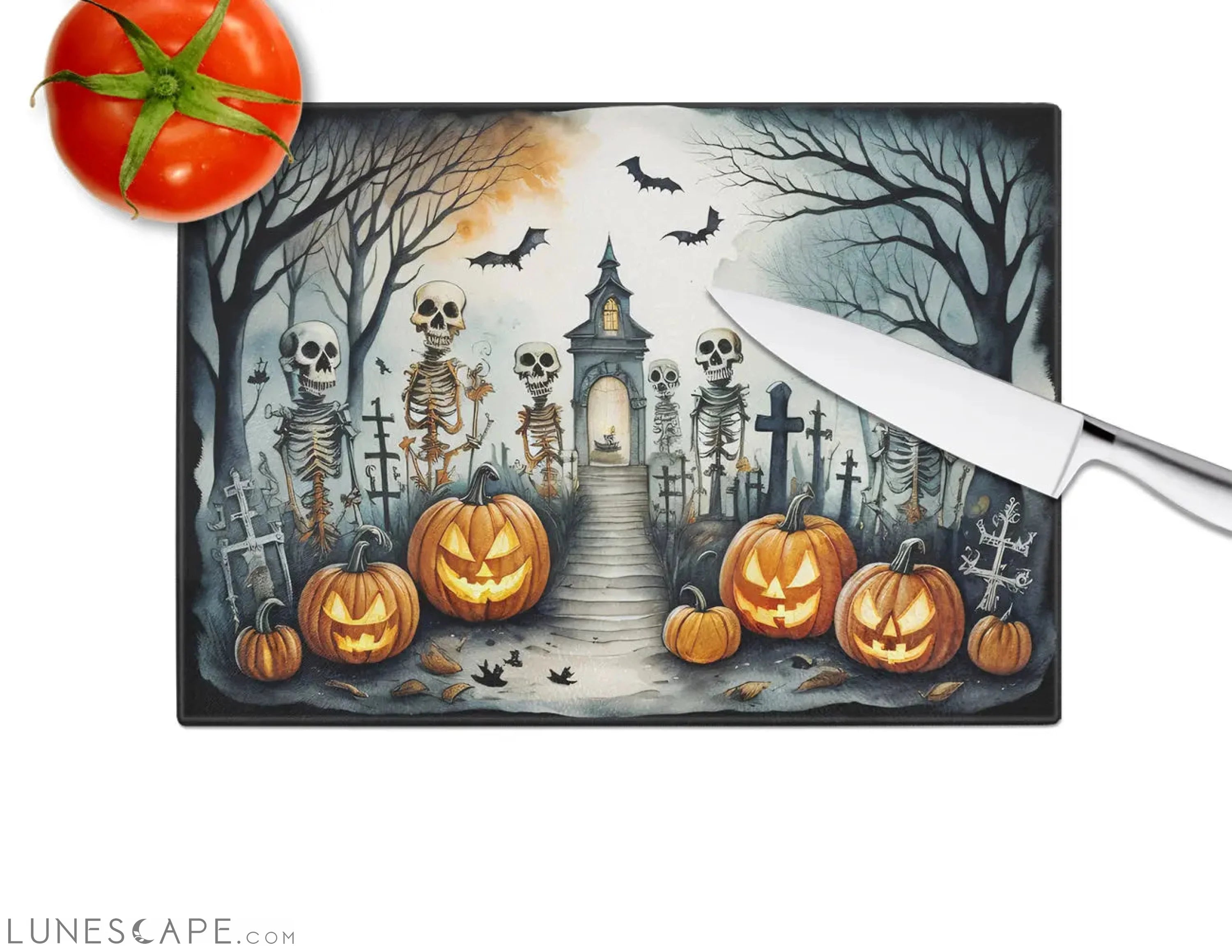Skeleton Spooky Halloween Glass Cutting Board LUNESCAPE