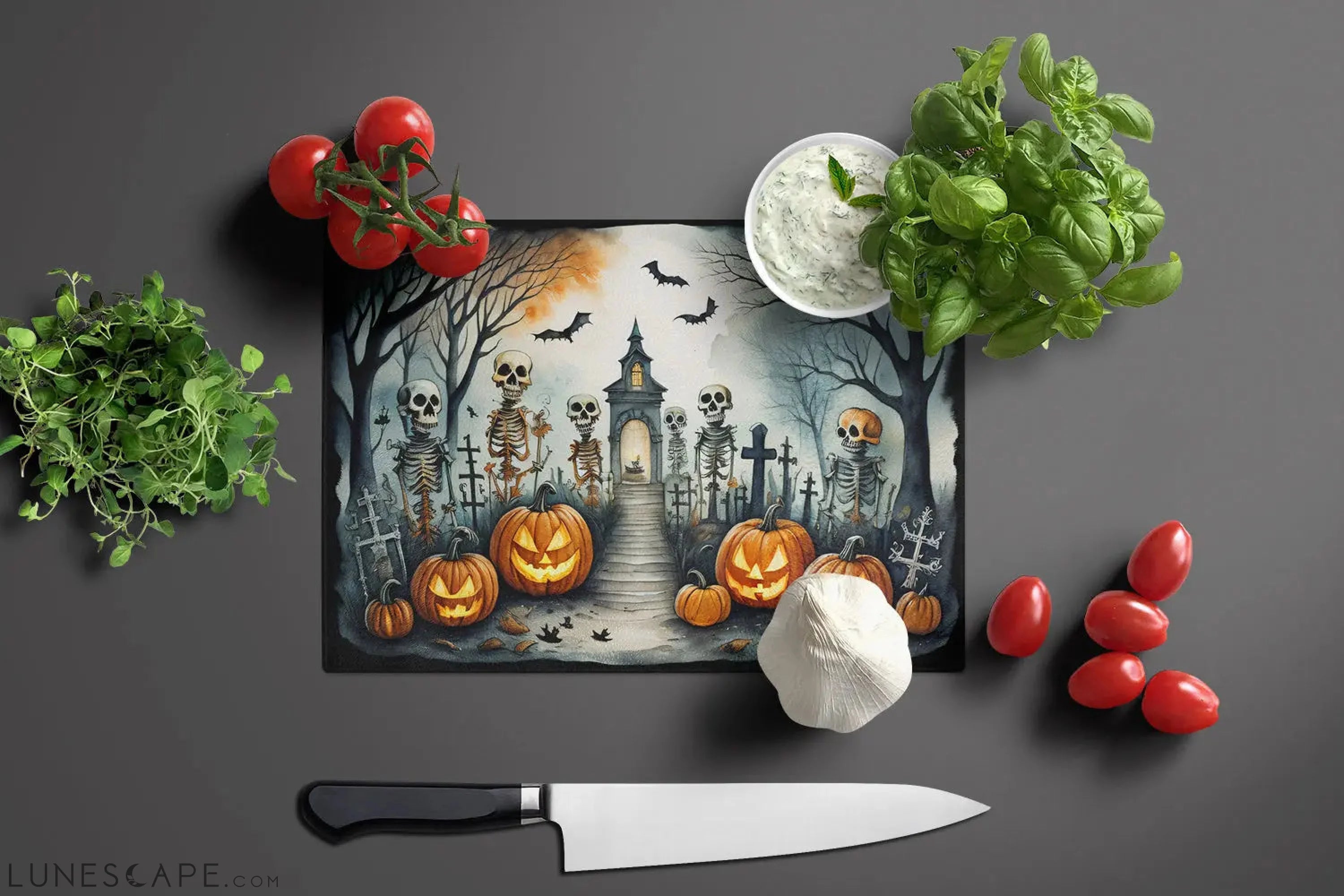 Skeleton Spooky Halloween Glass Cutting Board LUNESCAPE
