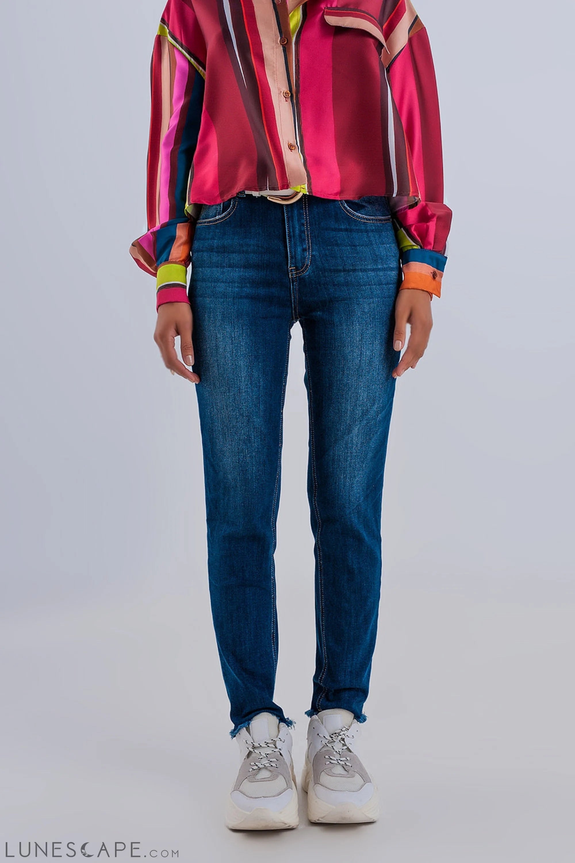 Skinny High Waist Raw Hem Jeans in Dark Blue LUNESCAPE