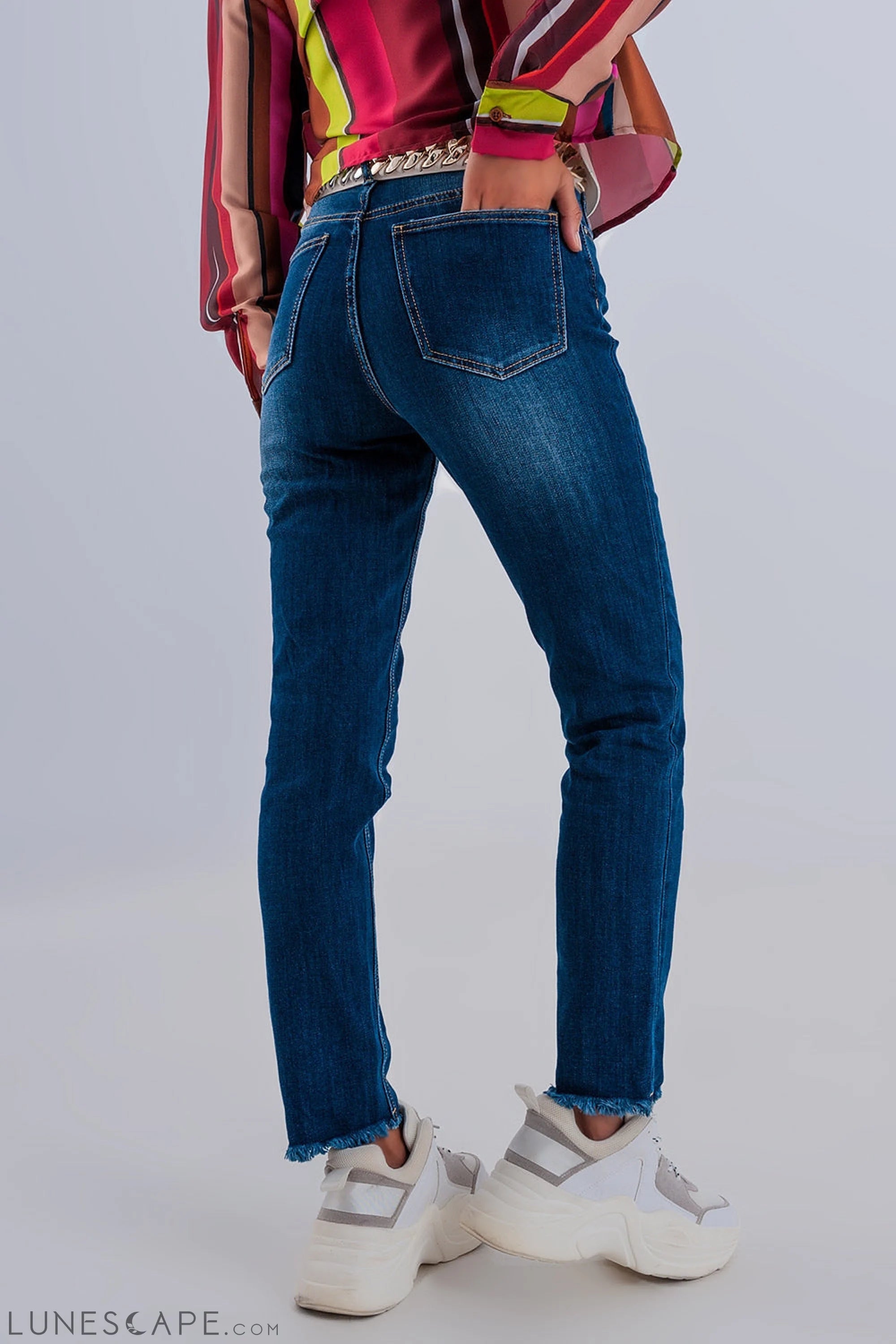 Skinny High Waist Raw Hem Jeans in Dark Blue LUNESCAPE
