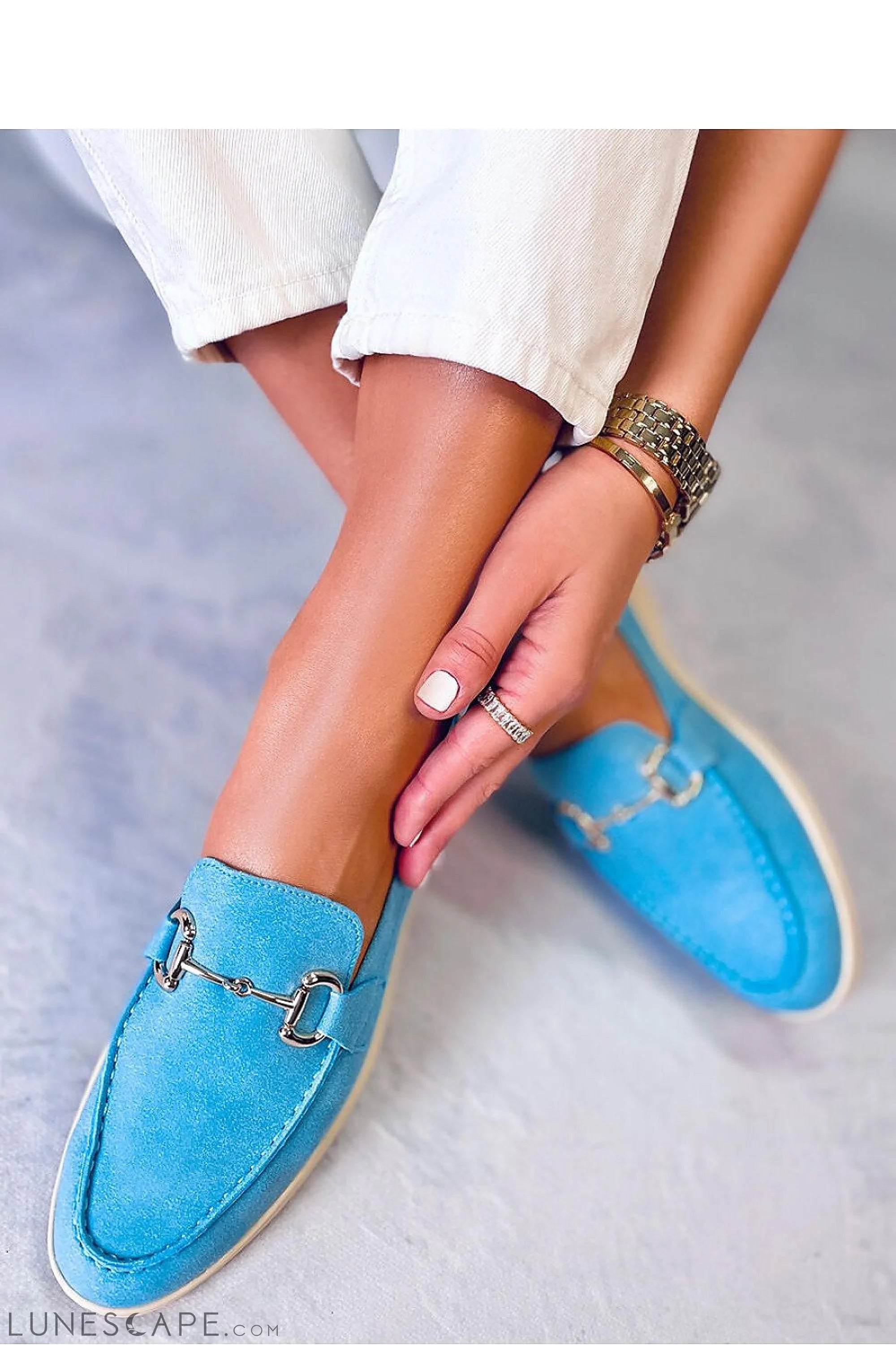Sky Blue Vegan Nubuck Loafers – Women’s Almond Toe with Horsebit Hardware LUNESCAPE