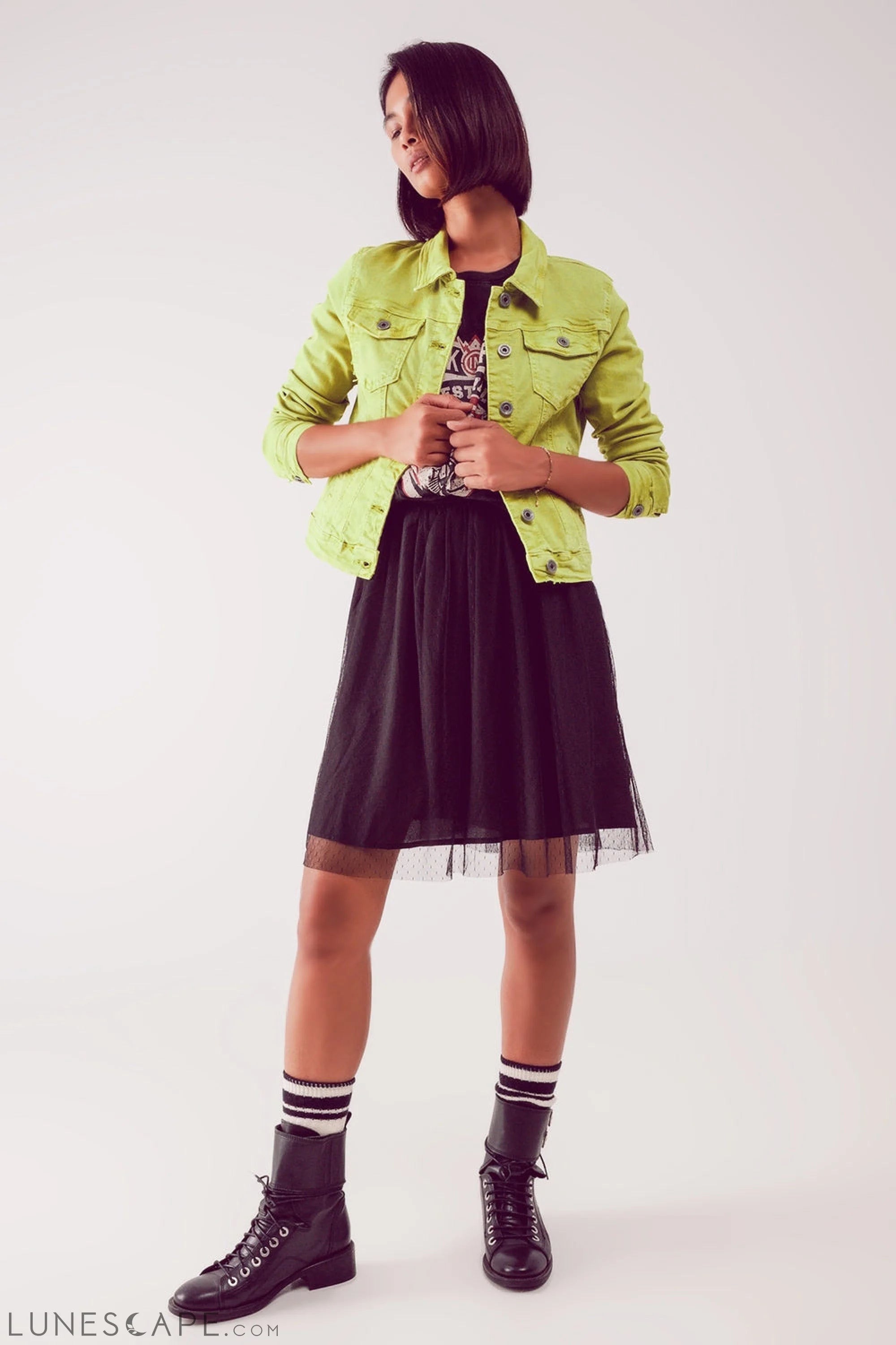 Slim Denim Trucker Jacket in Acid Lime LUNESCAPE