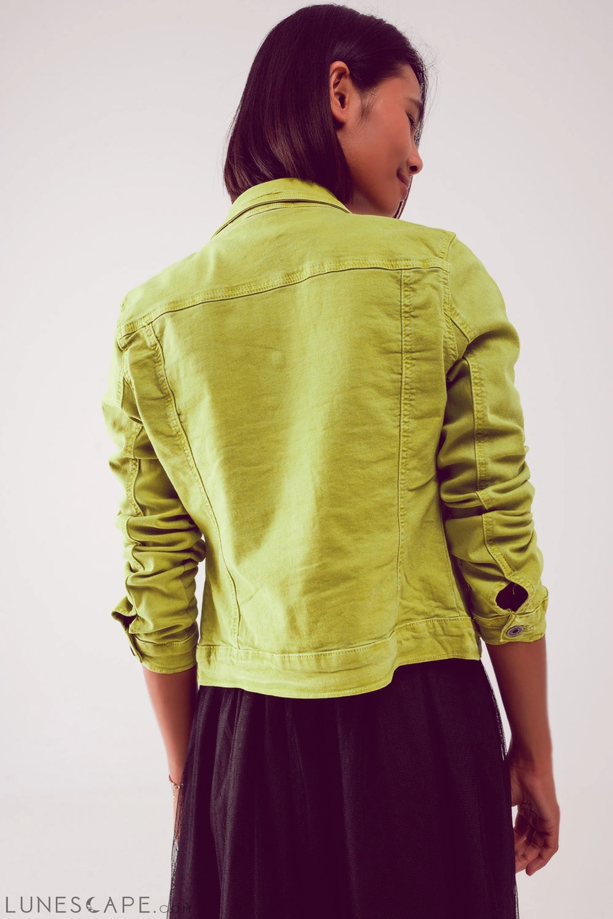 Slim Denim Trucker Jacket in Acid Lime LUNESCAPE