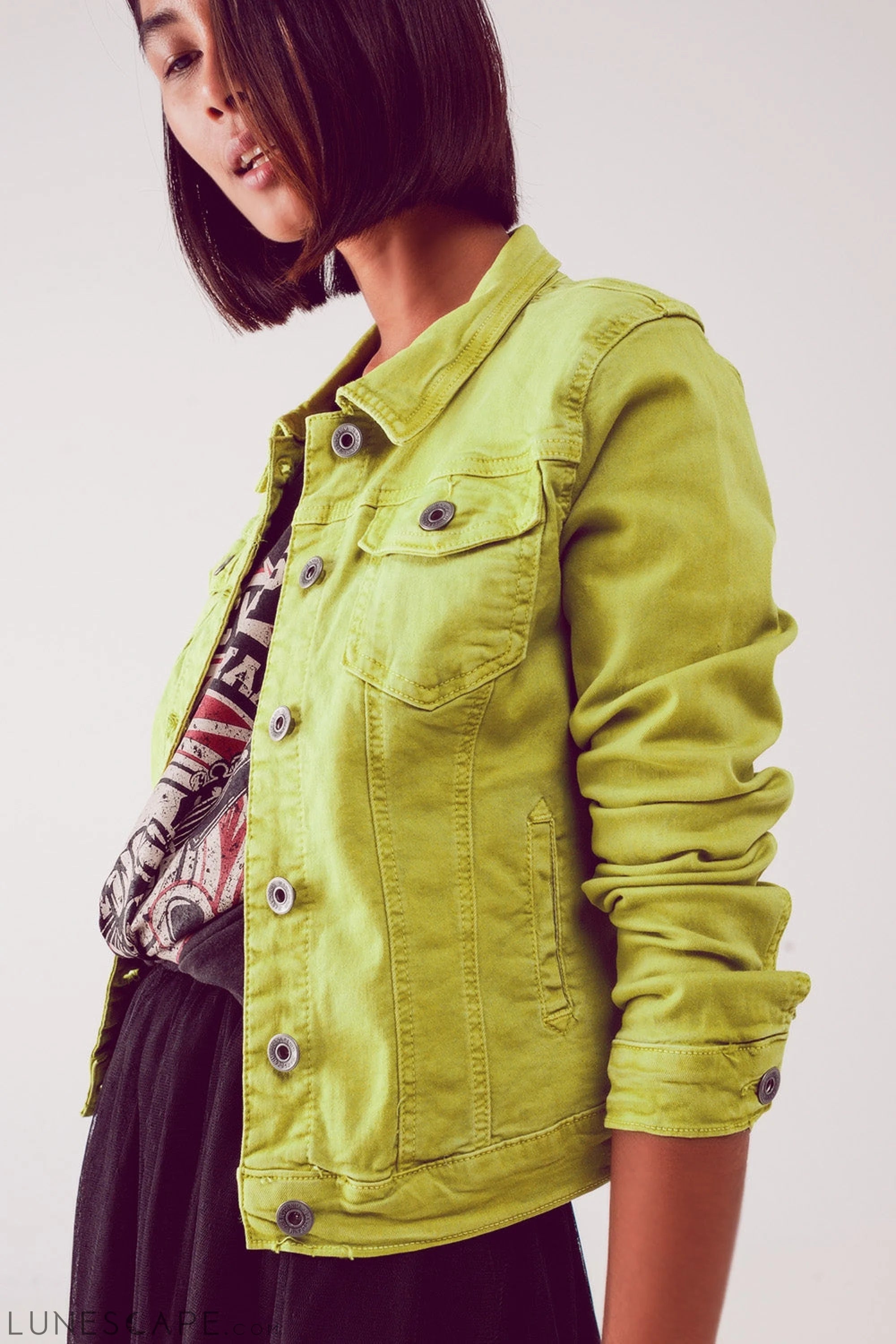 Slim Denim Trucker Jacket in Acid Lime LUNESCAPE