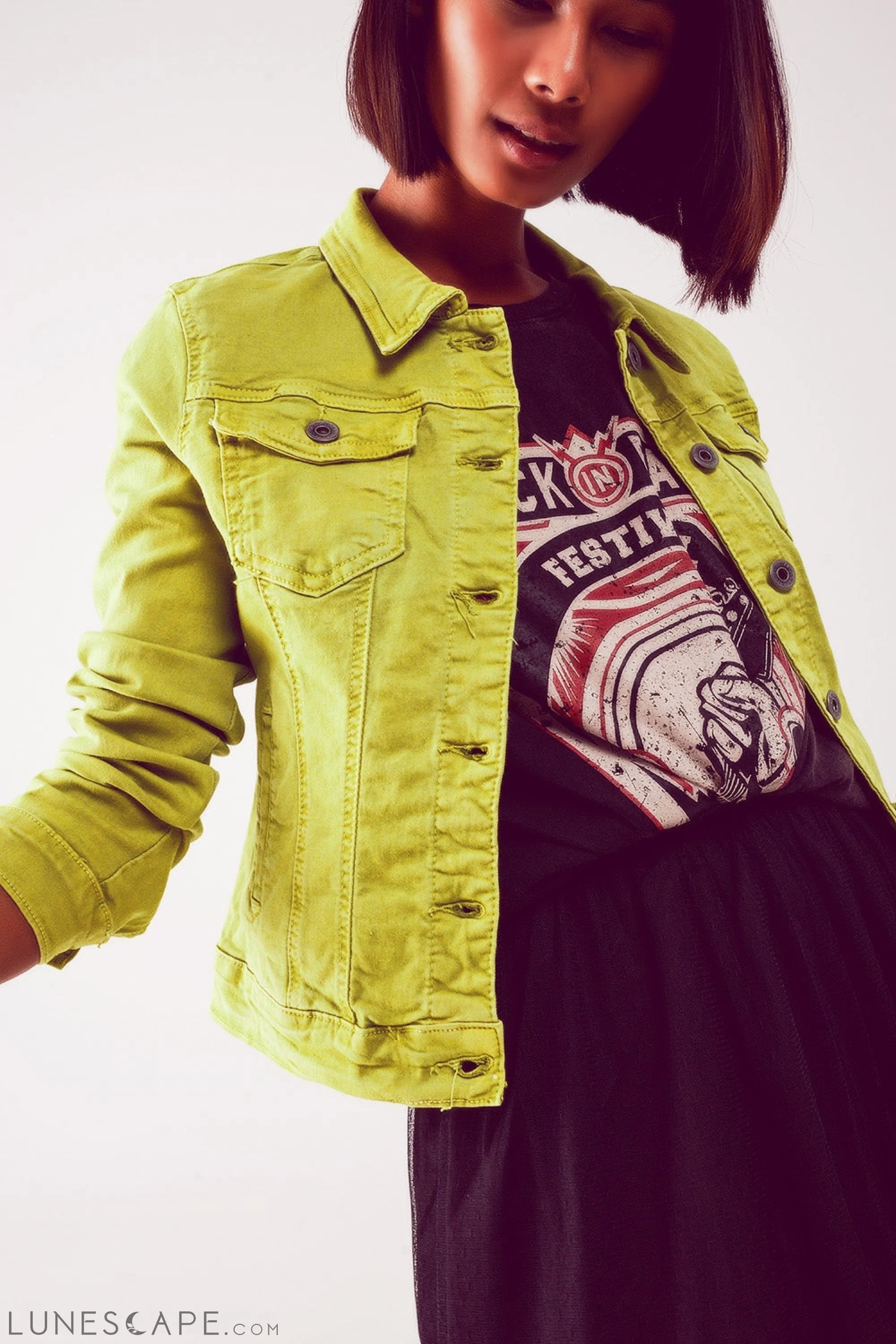 Slim Denim Trucker Jacket in Acid Lime LUNESCAPE