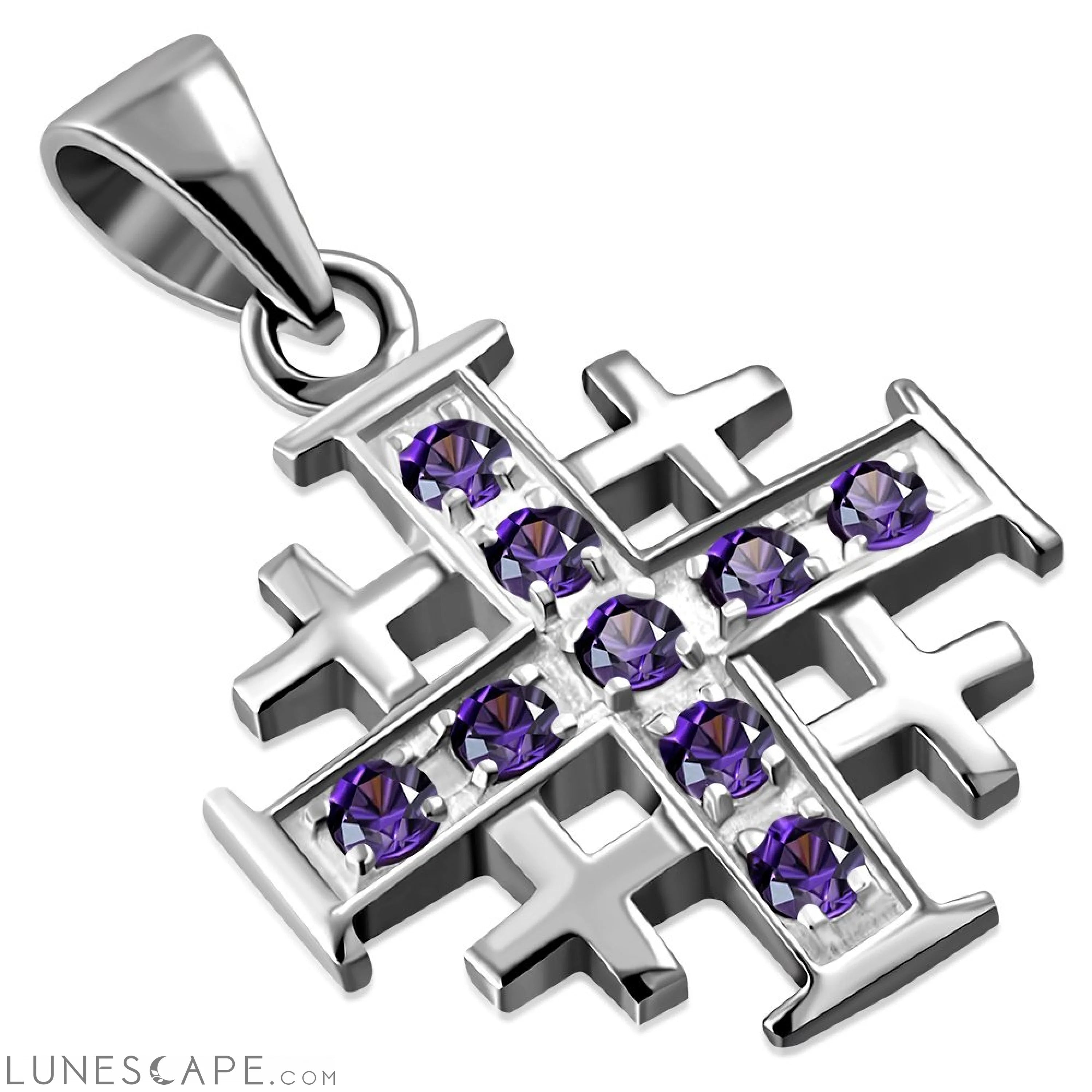 Small Amethyst CZ Jerusalem Cross Silver Pendant LUNESCAPE