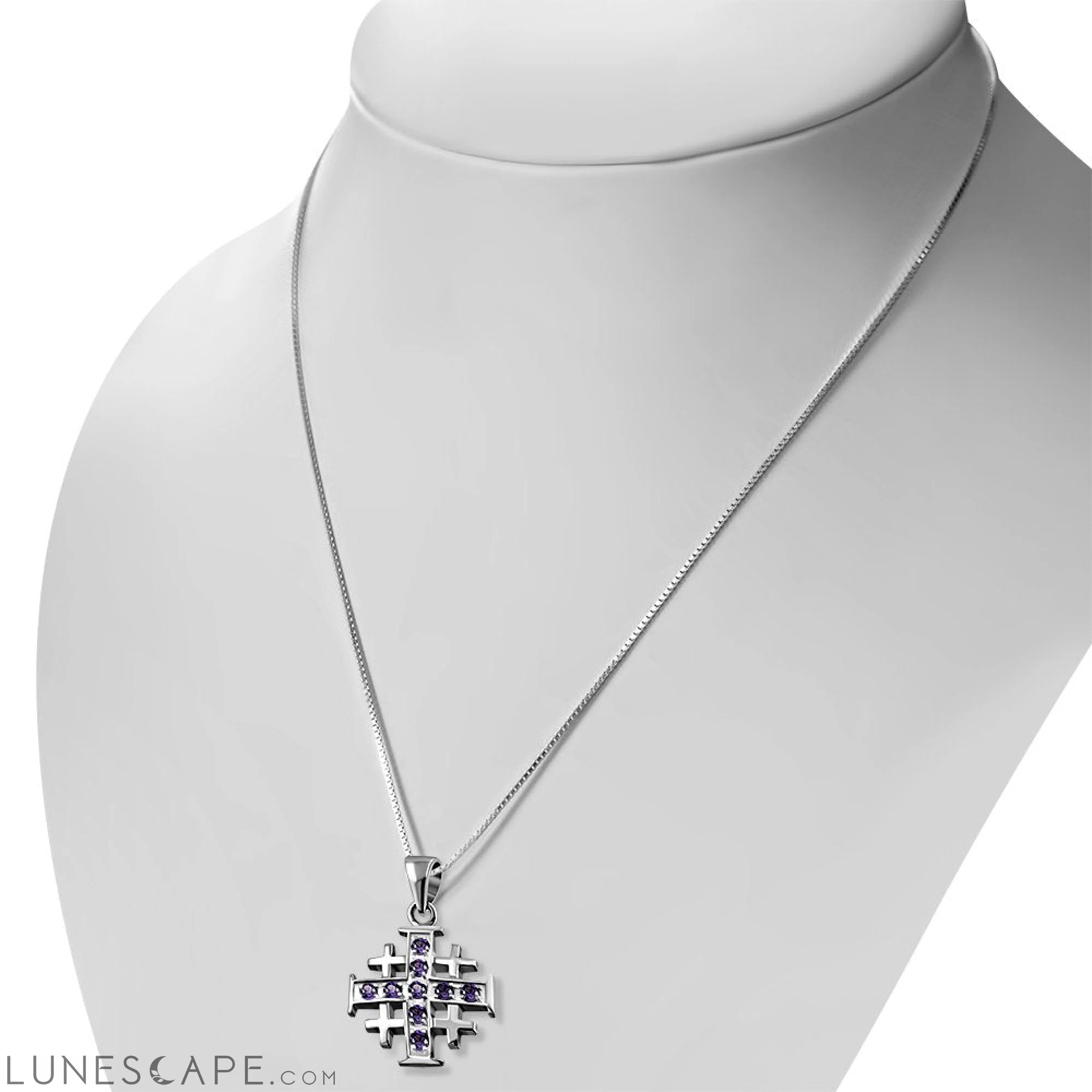 Small Amethyst CZ Jerusalem Cross Silver Pendant LUNESCAPE