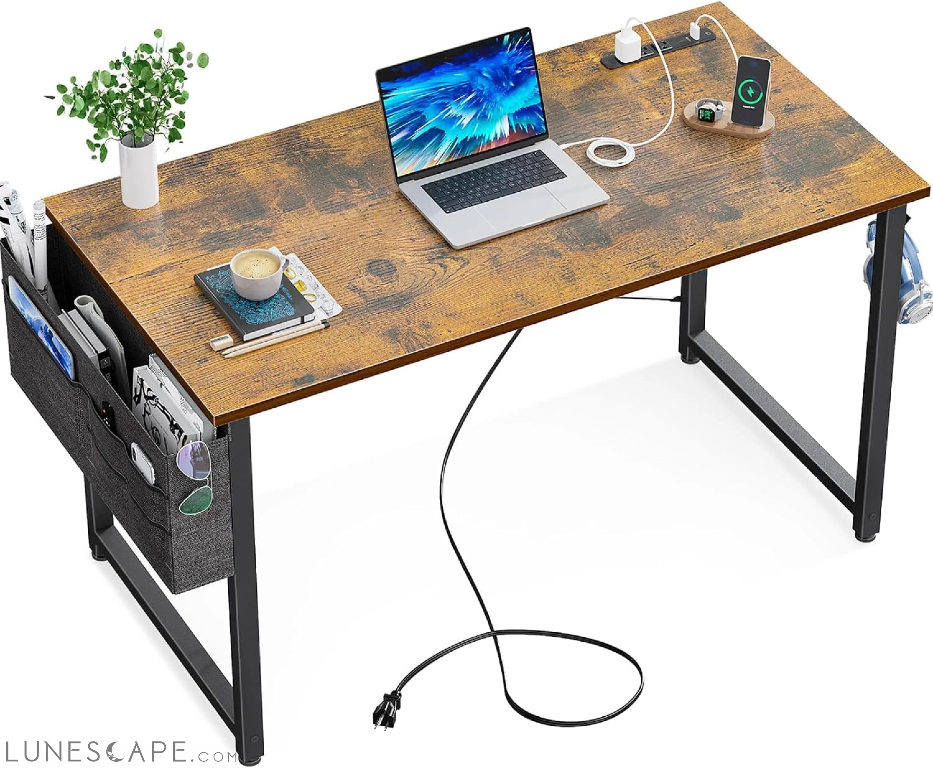 Small Desk with Power Outlets and USB Port Computer Desk for Home LUNESCAPE