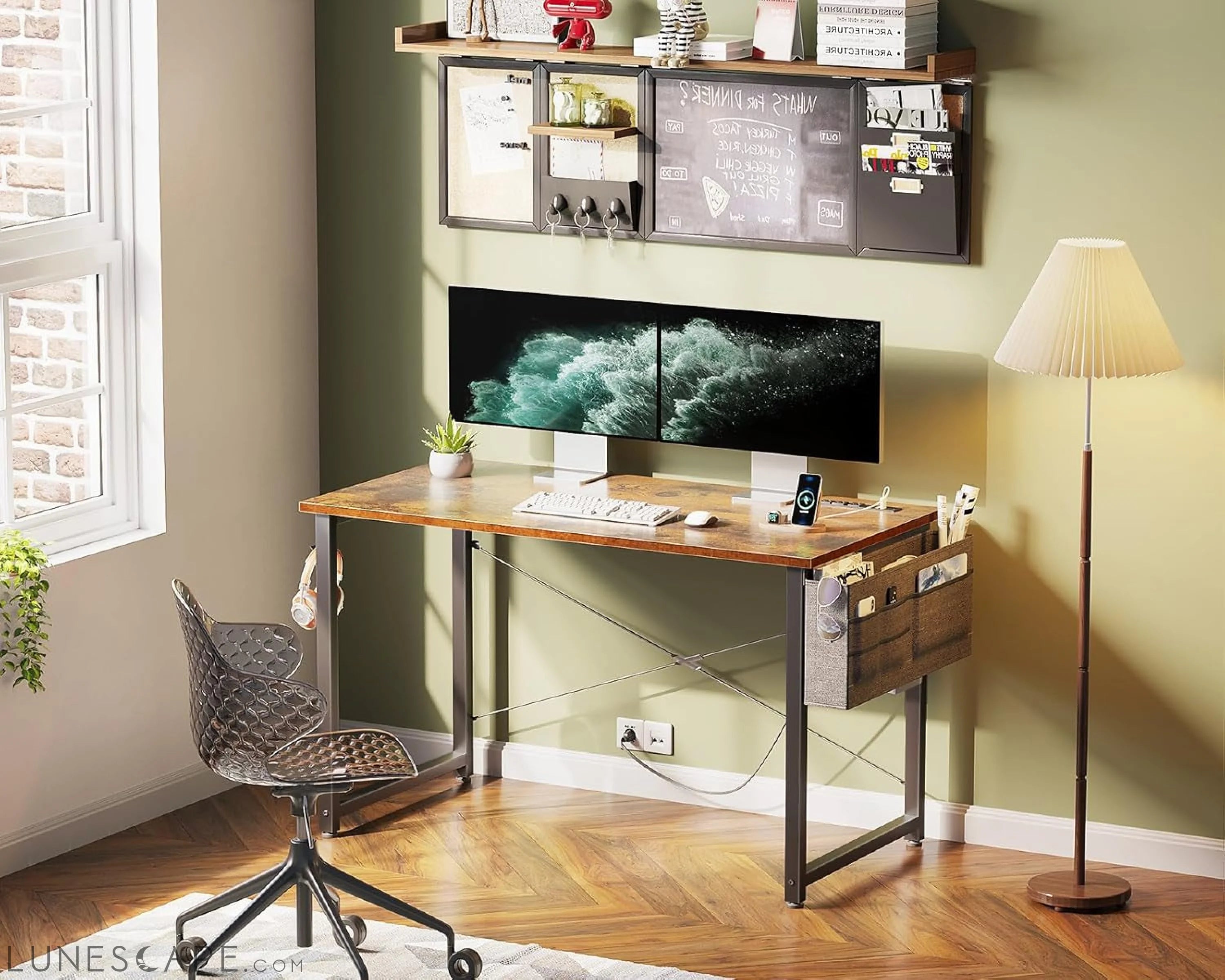 Small Desk with Power Outlets and USB Port Computer Desk for Home LUNESCAPE