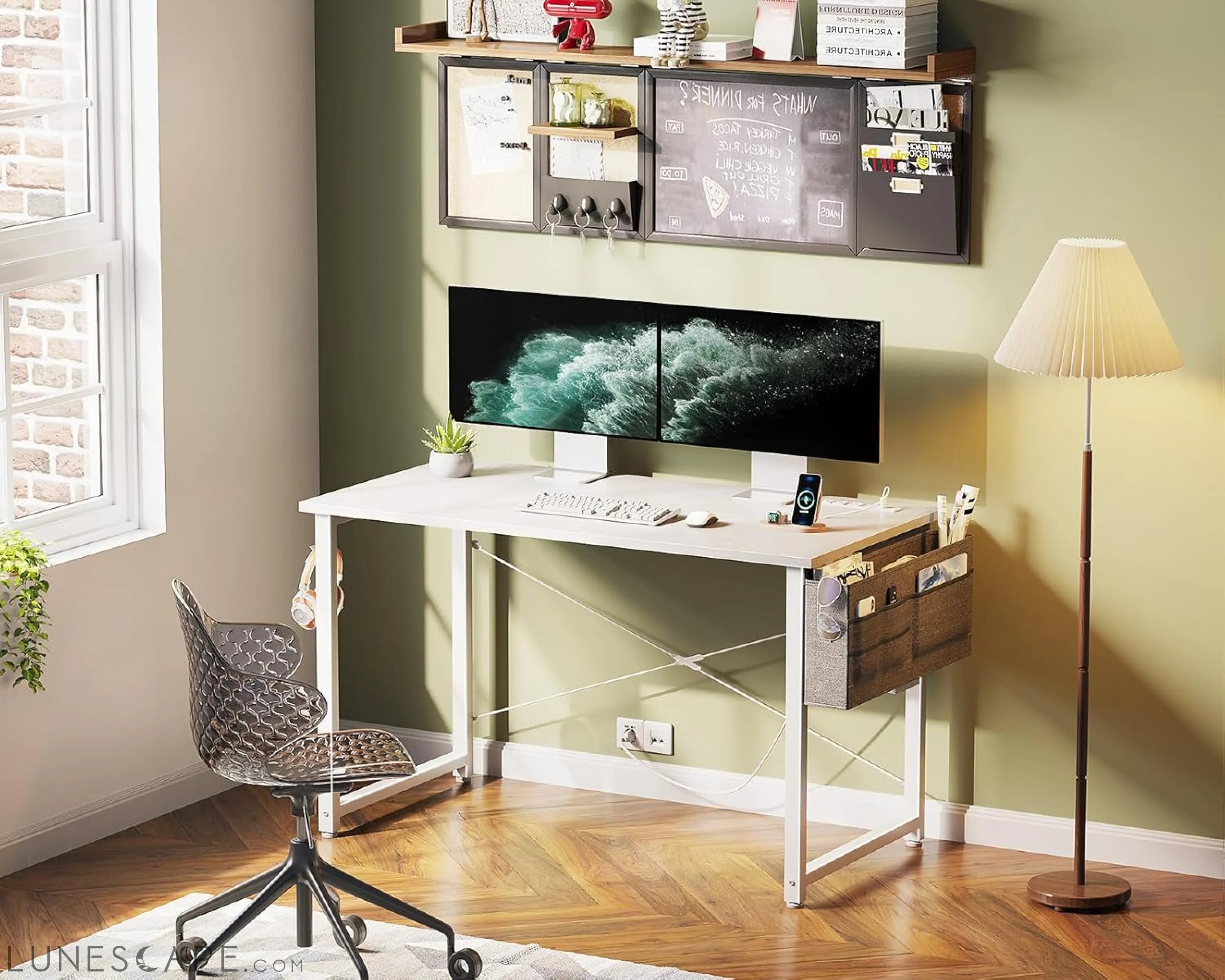 Small Desk with Power Outlets and USB Port Computer Desk for Home LUNESCAPE