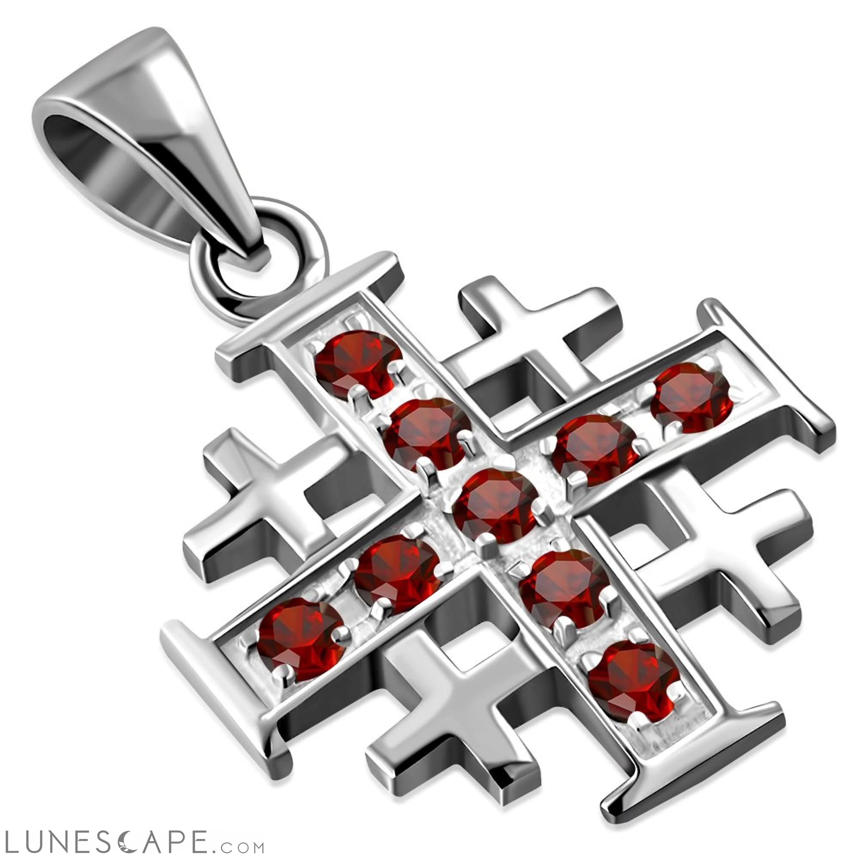 Small Garnet CZ Jerusalem Cross Silver Pendant LUNESCAPE