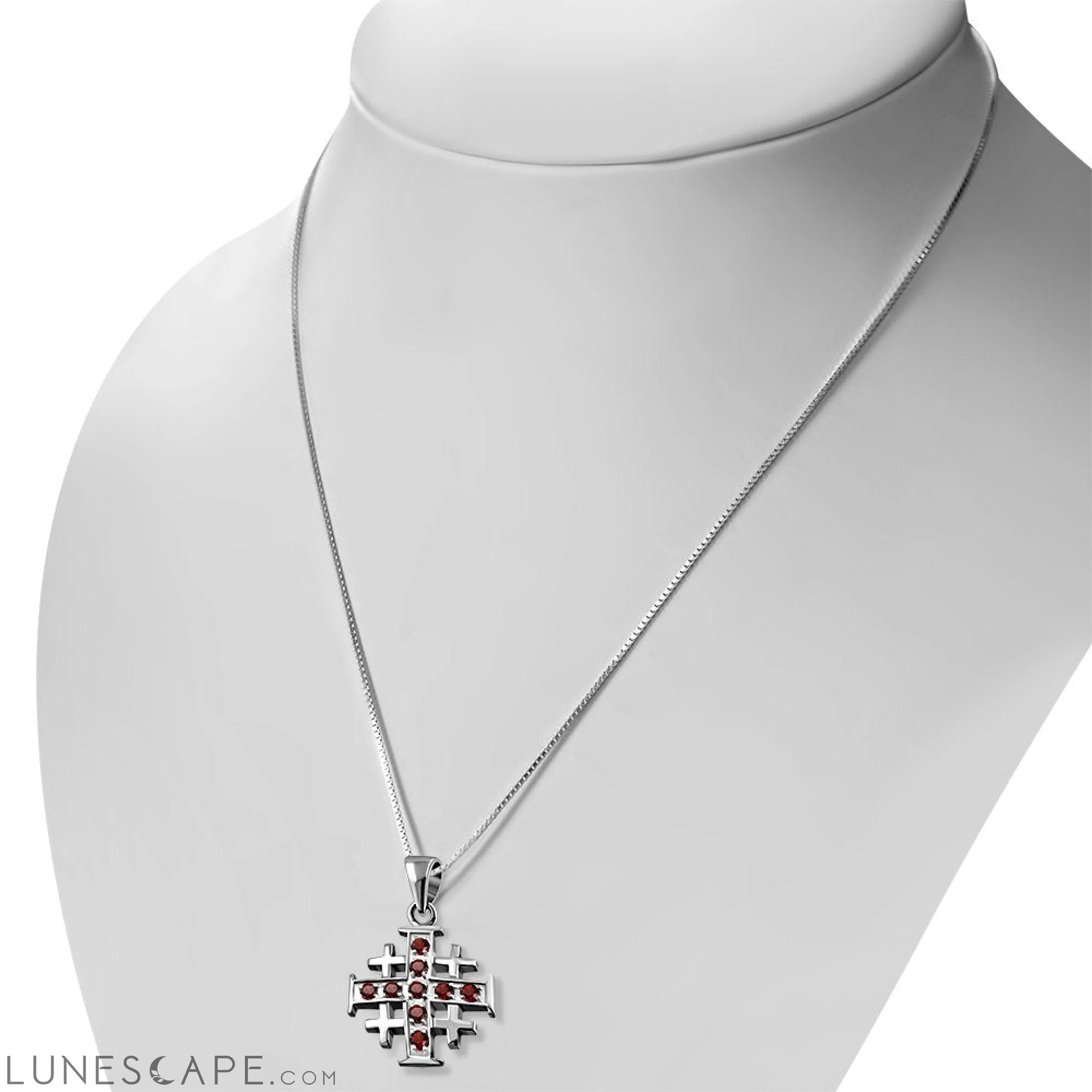 Small Garnet CZ Jerusalem Cross Silver Pendant LUNESCAPE