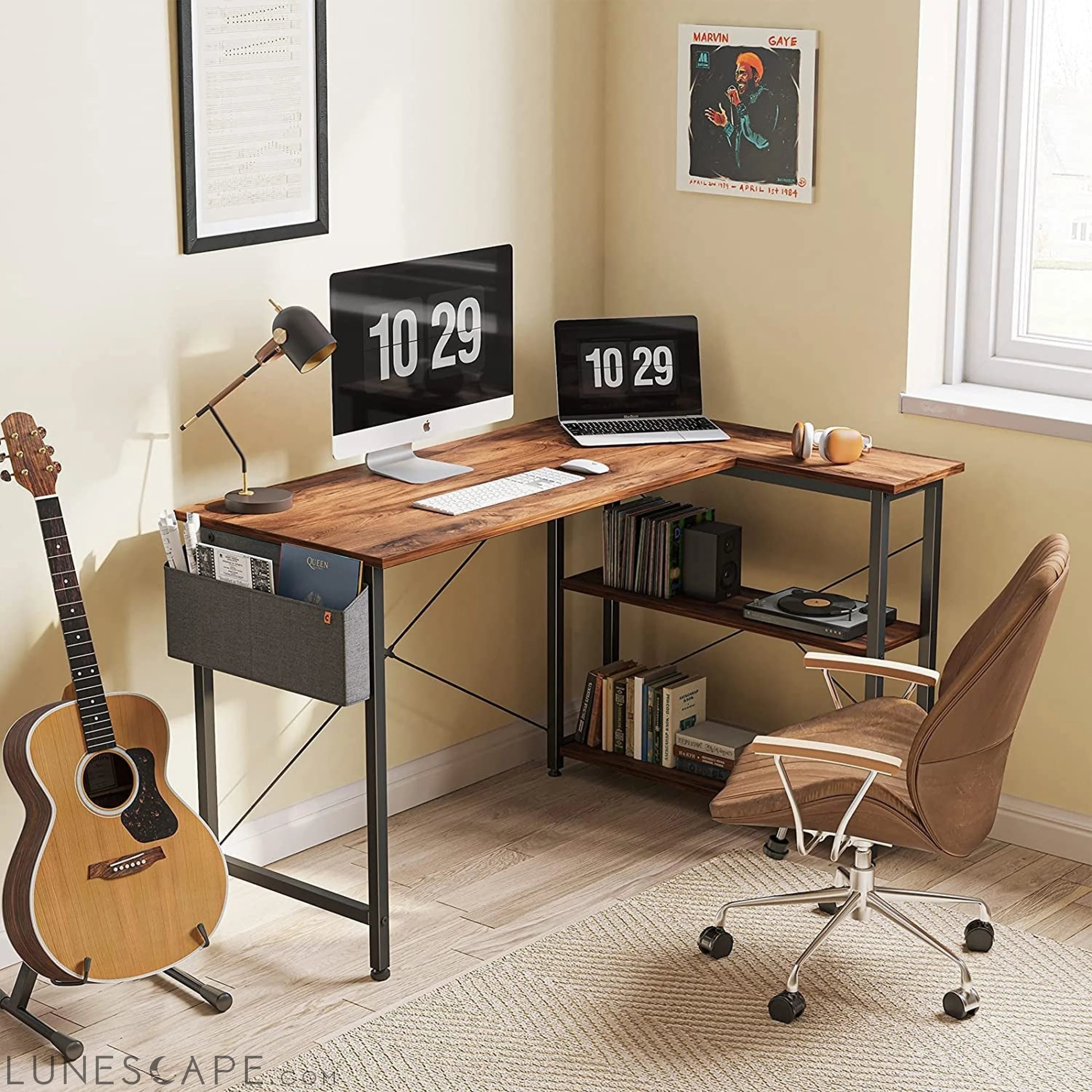 Small L-Shaped Desk with Storage Shelves LUNESCAPE