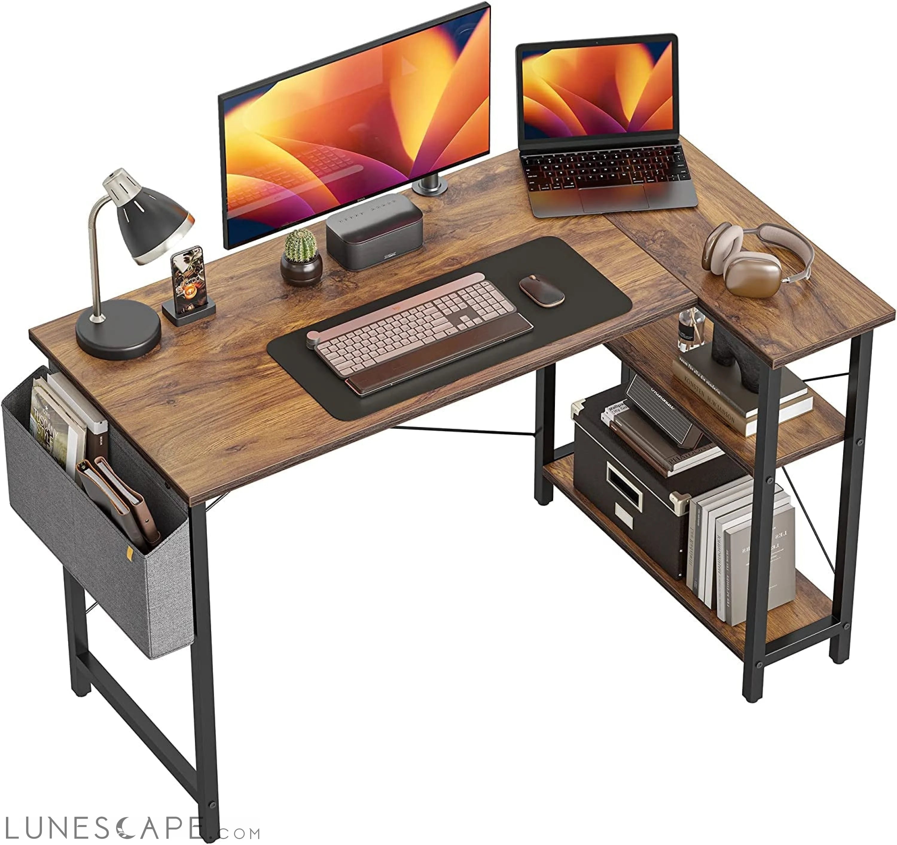 Small L-Shaped Desk with Storage Shelves LUNESCAPE