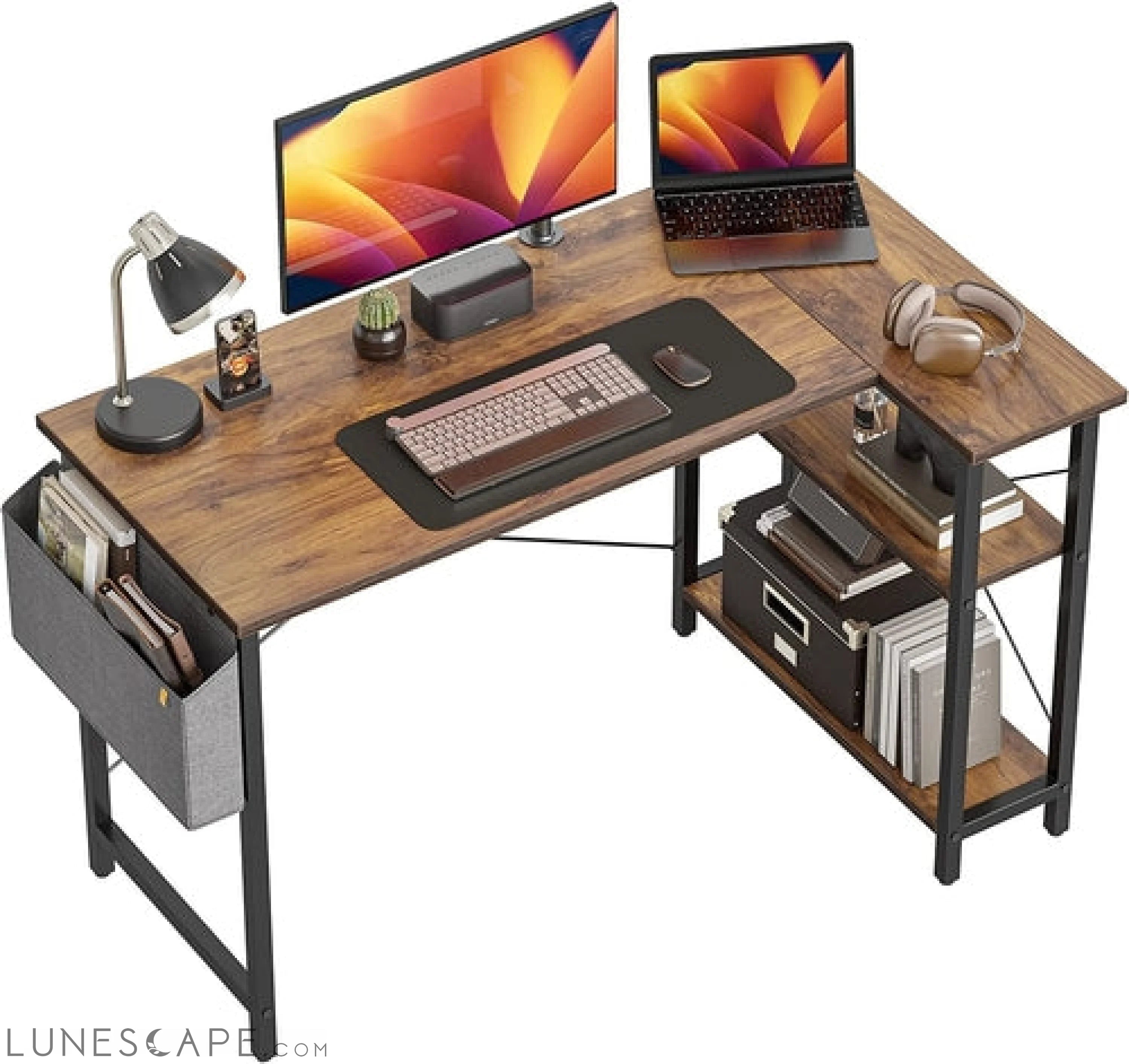 Small L-Shaped Desk with Storage Shelves LUNESCAPE