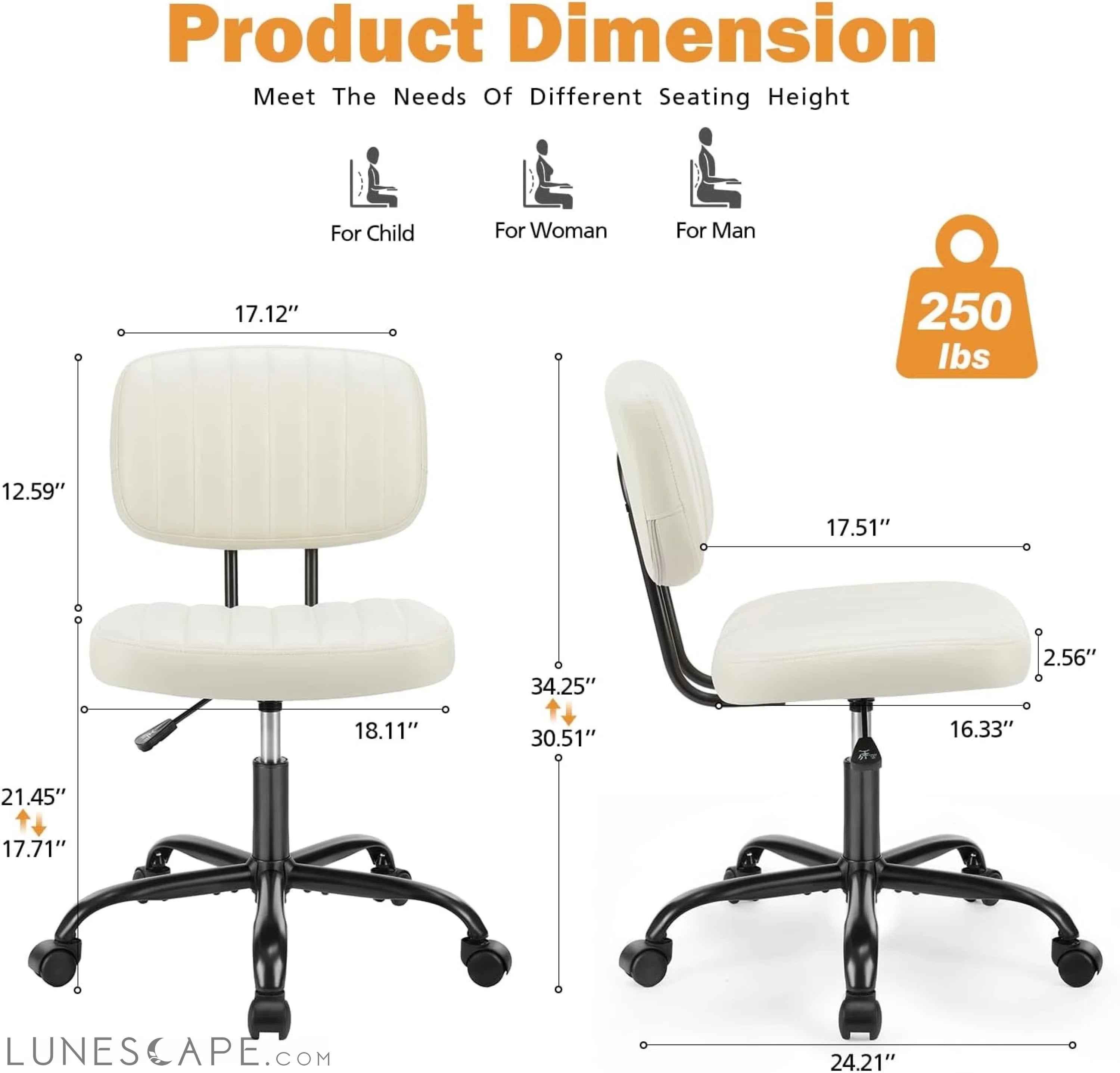 Small Office Computer Desk Chair with Wheels and Lumbar Support, Comfy LUNESCAPE