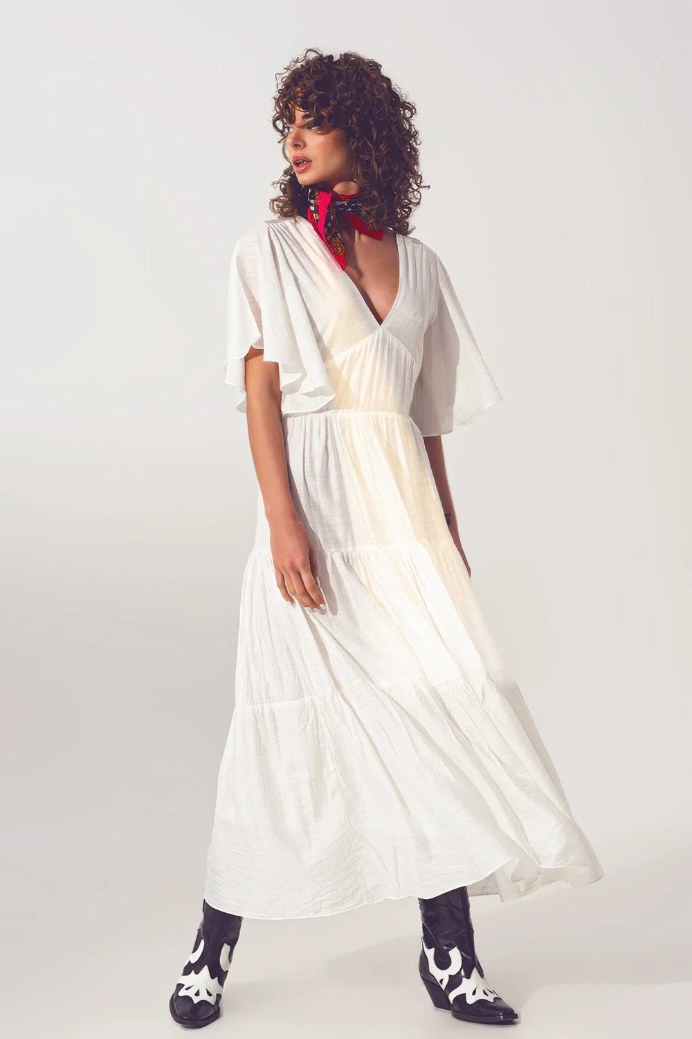 Smock v Neck Maxi Dress in White LUNESCAPE