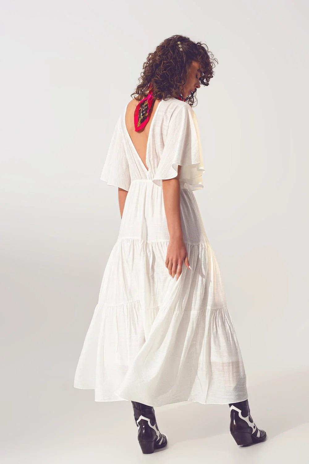 Smock v Neck Maxi Dress in White LUNESCAPE
