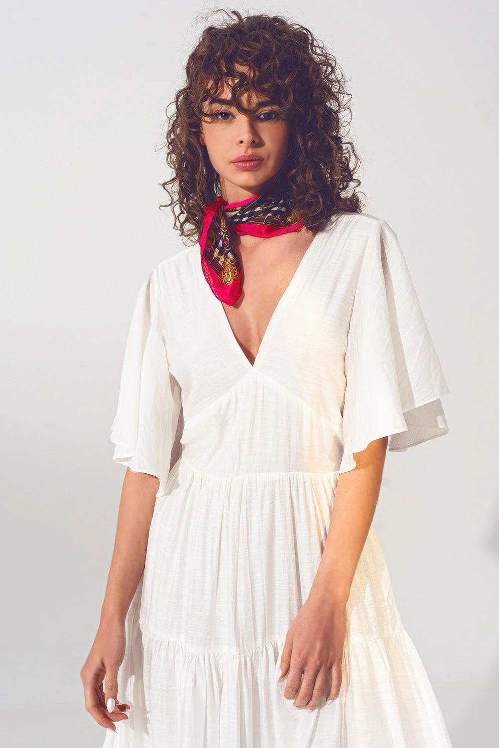 Smock v Neck Maxi Dress in White LUNESCAPE