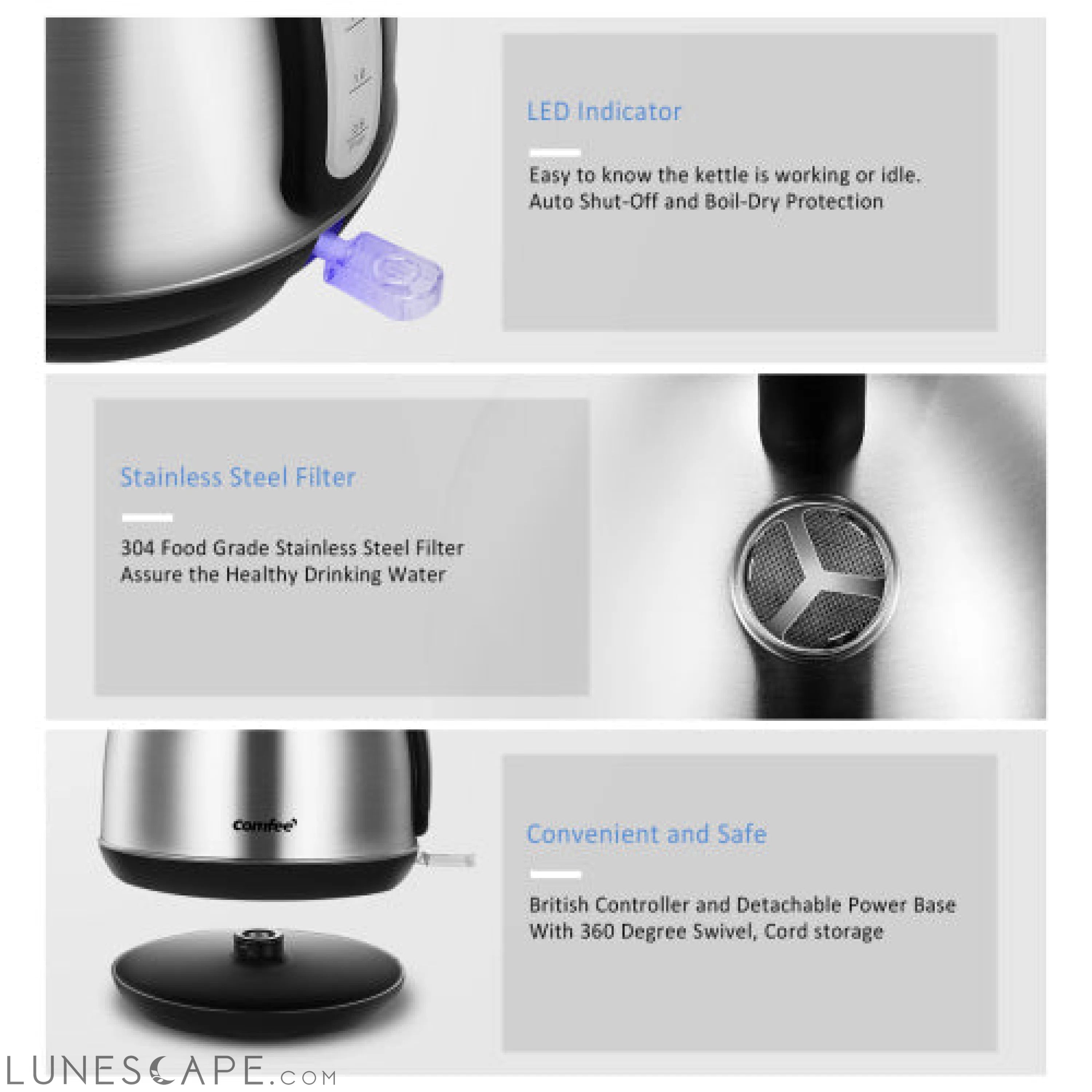 Stainless Steel Inner Pot and Lid Electric Kettle with Water Filter LUNESCAPE