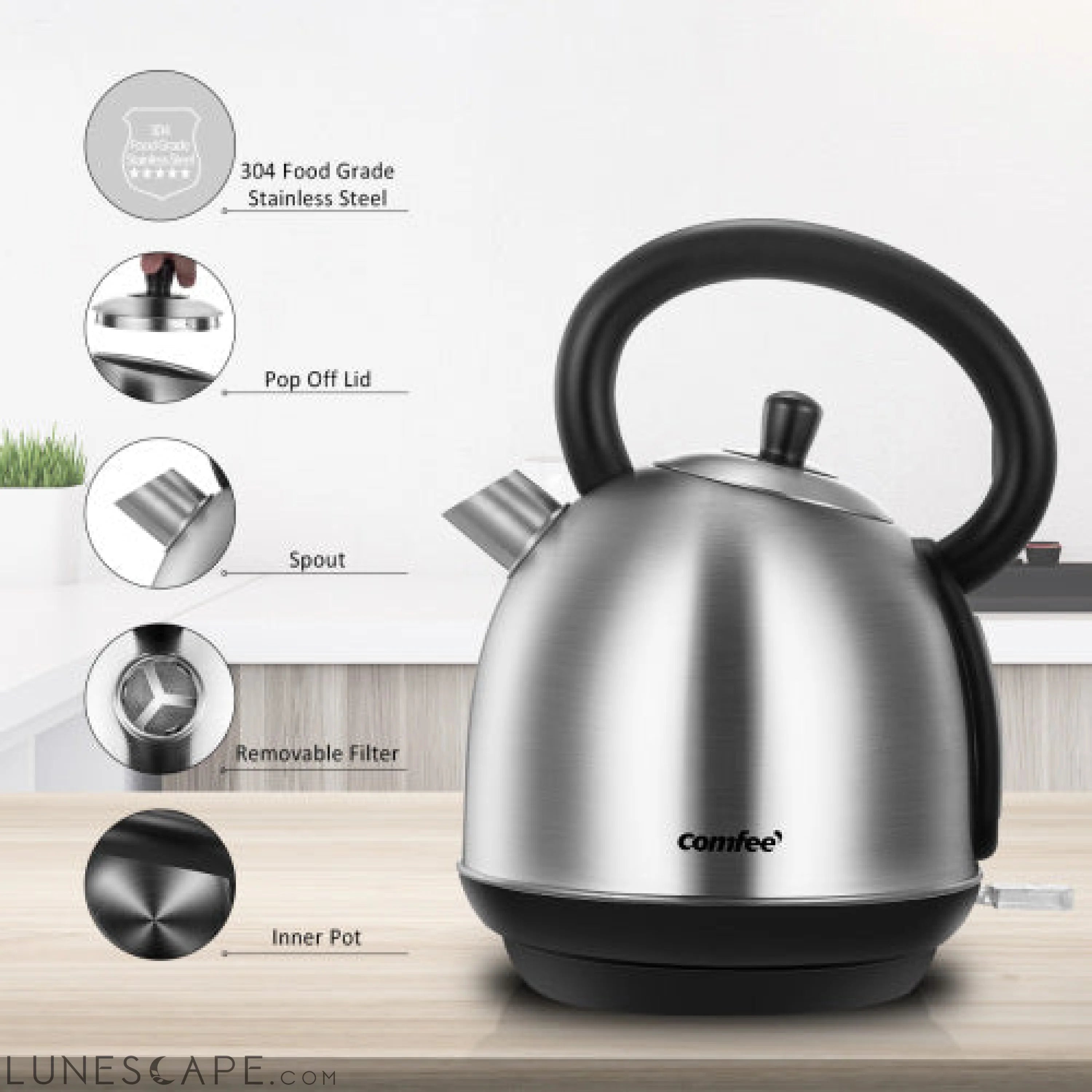 Stainless Steel Inner Pot and Lid Electric Kettle with Water Filter LUNESCAPE