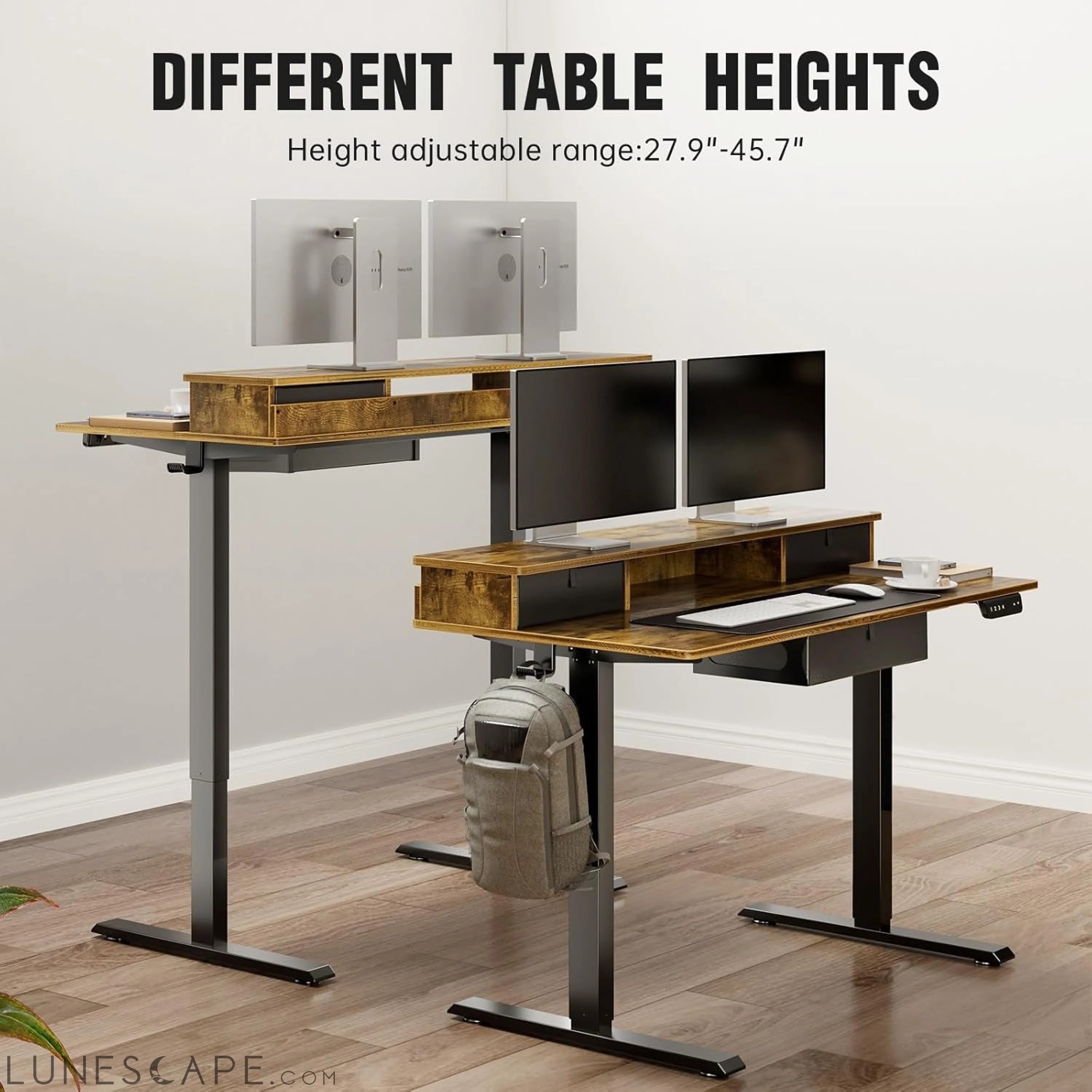Standing Desk with 3 Drawers and Raised Storage Shelf, Electric Height LUNESCAPE