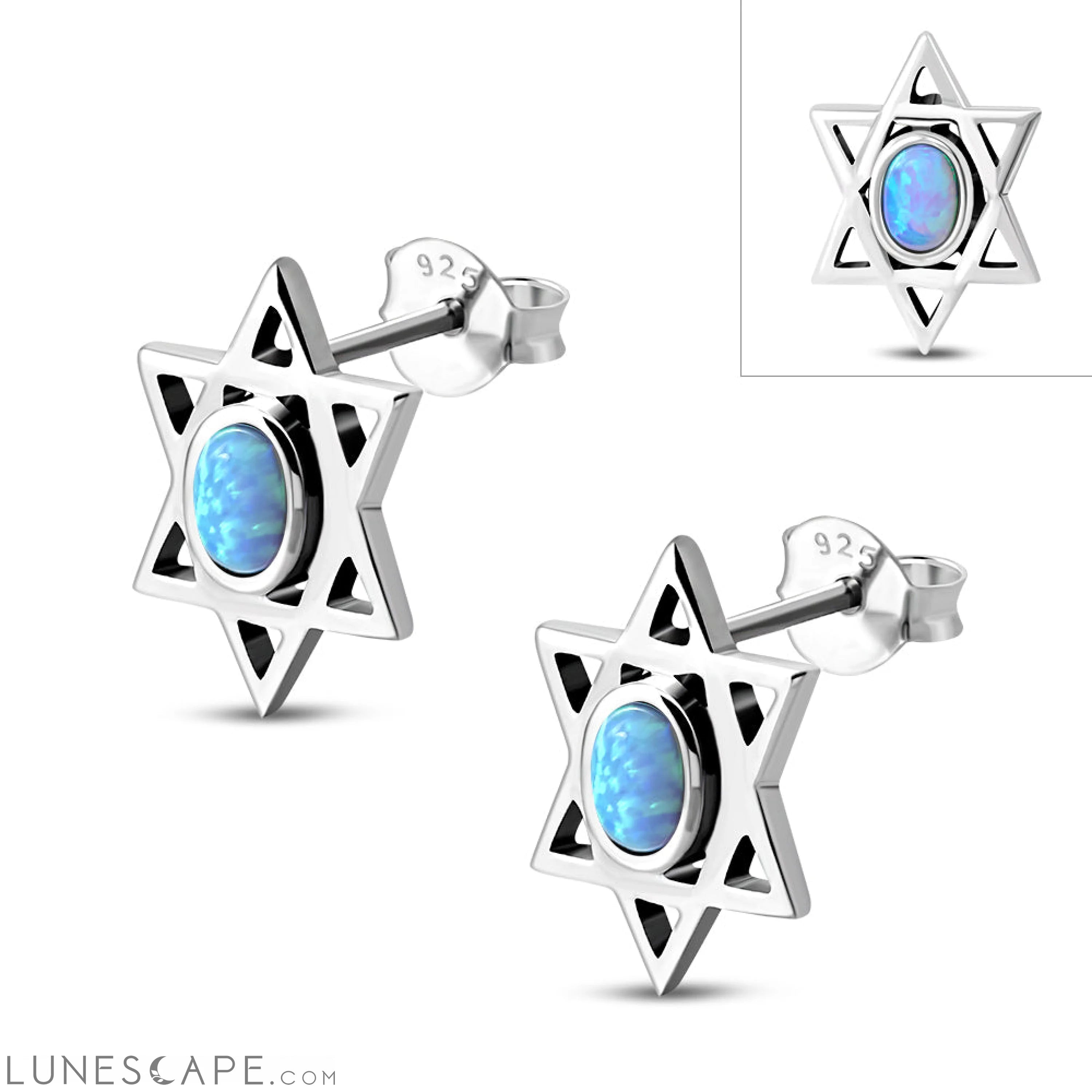 Star of David Jewish Judaica 925 Sterling Silver Stud Earrings With Synthetic Blue Opal LUNESCAPE