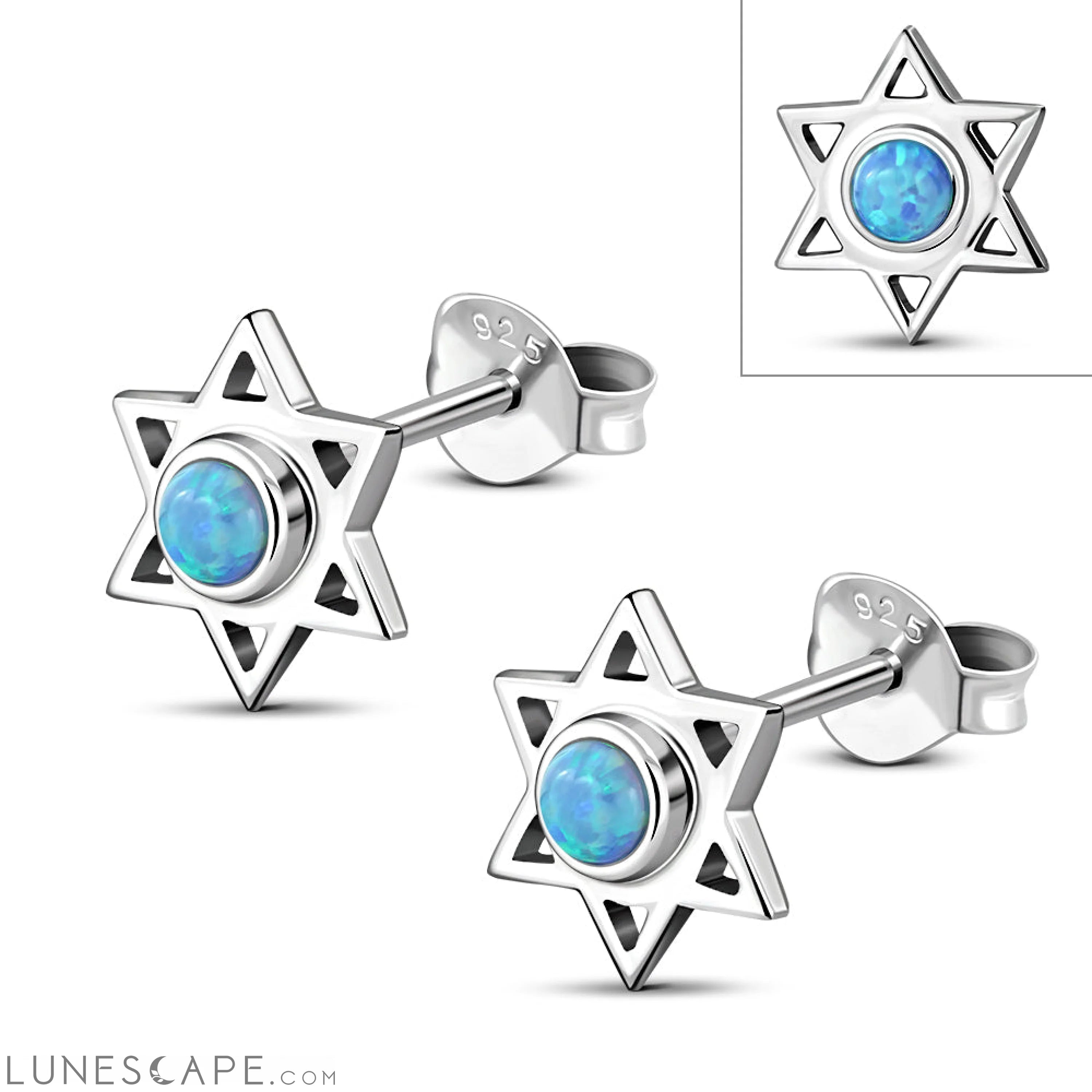 Star of David Jewish Judaica 925 Sterling Silver Stud Earrings With Synthetic Opal LUNESCAPE
