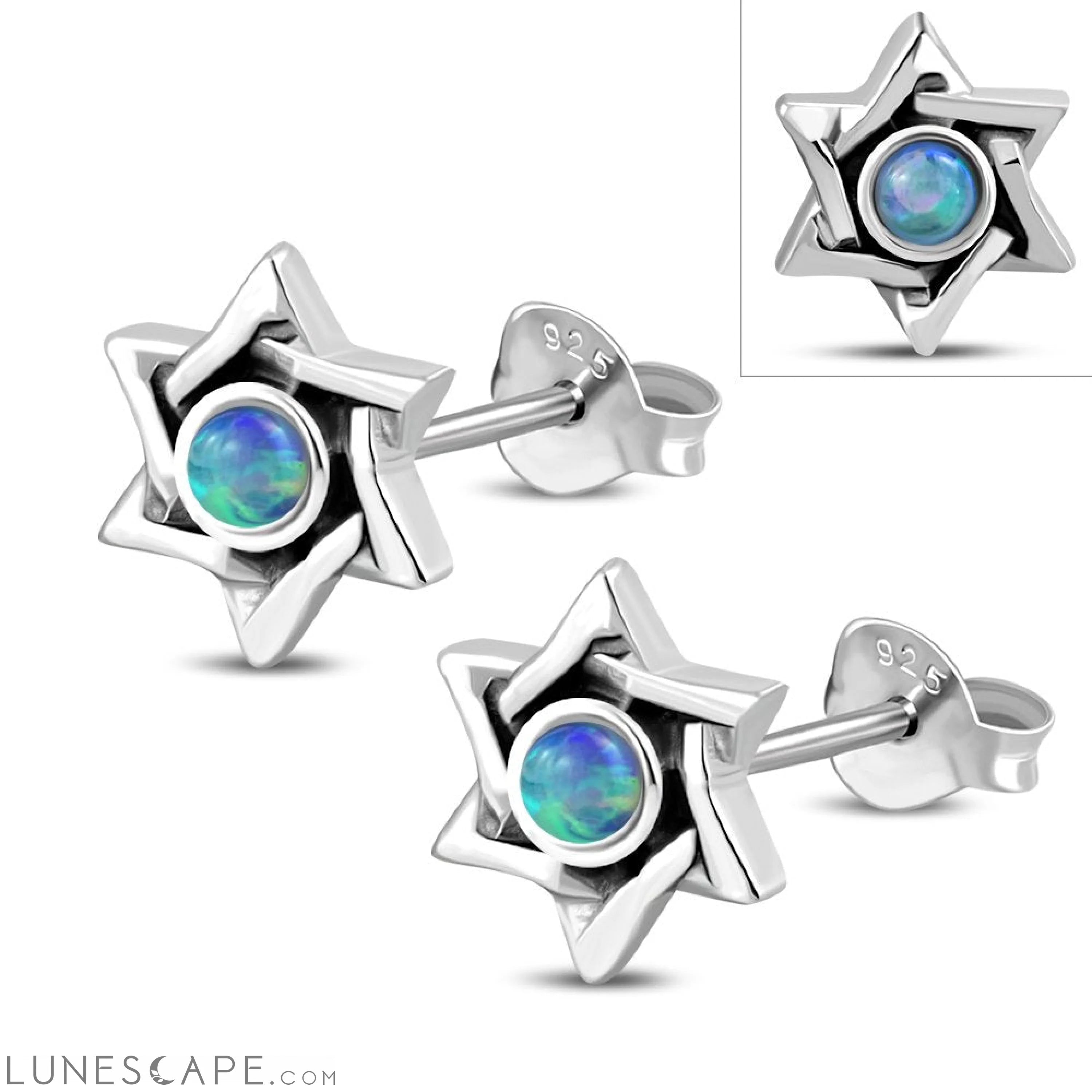Star of David Jewish Judaica 925 Sterling Silver Stud Earrings With Synthetic Opal LUNESCAPE