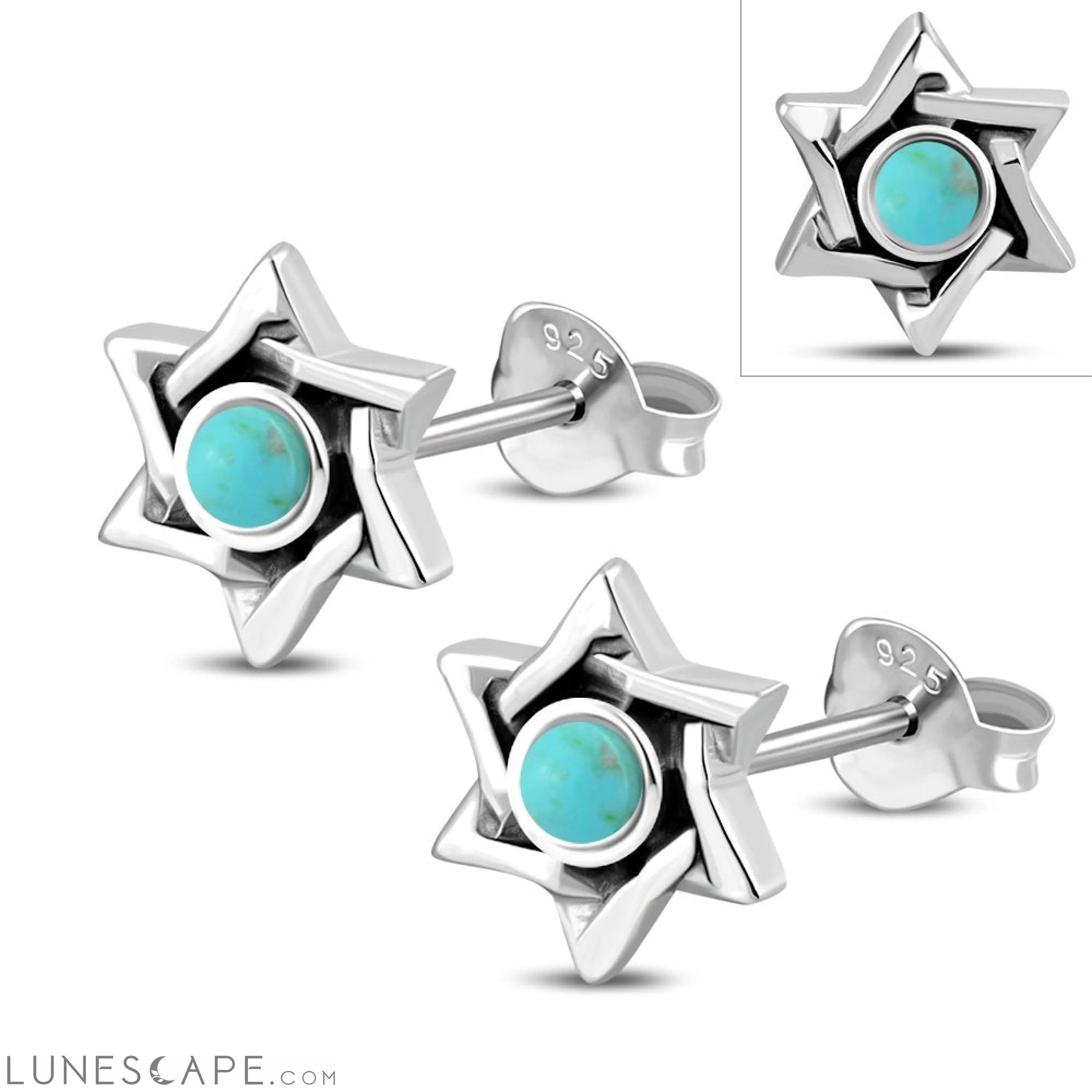 Star of David Jewish Judaica 925 Sterling Silver Stud Earrings With Turquoise LUNESCAPE