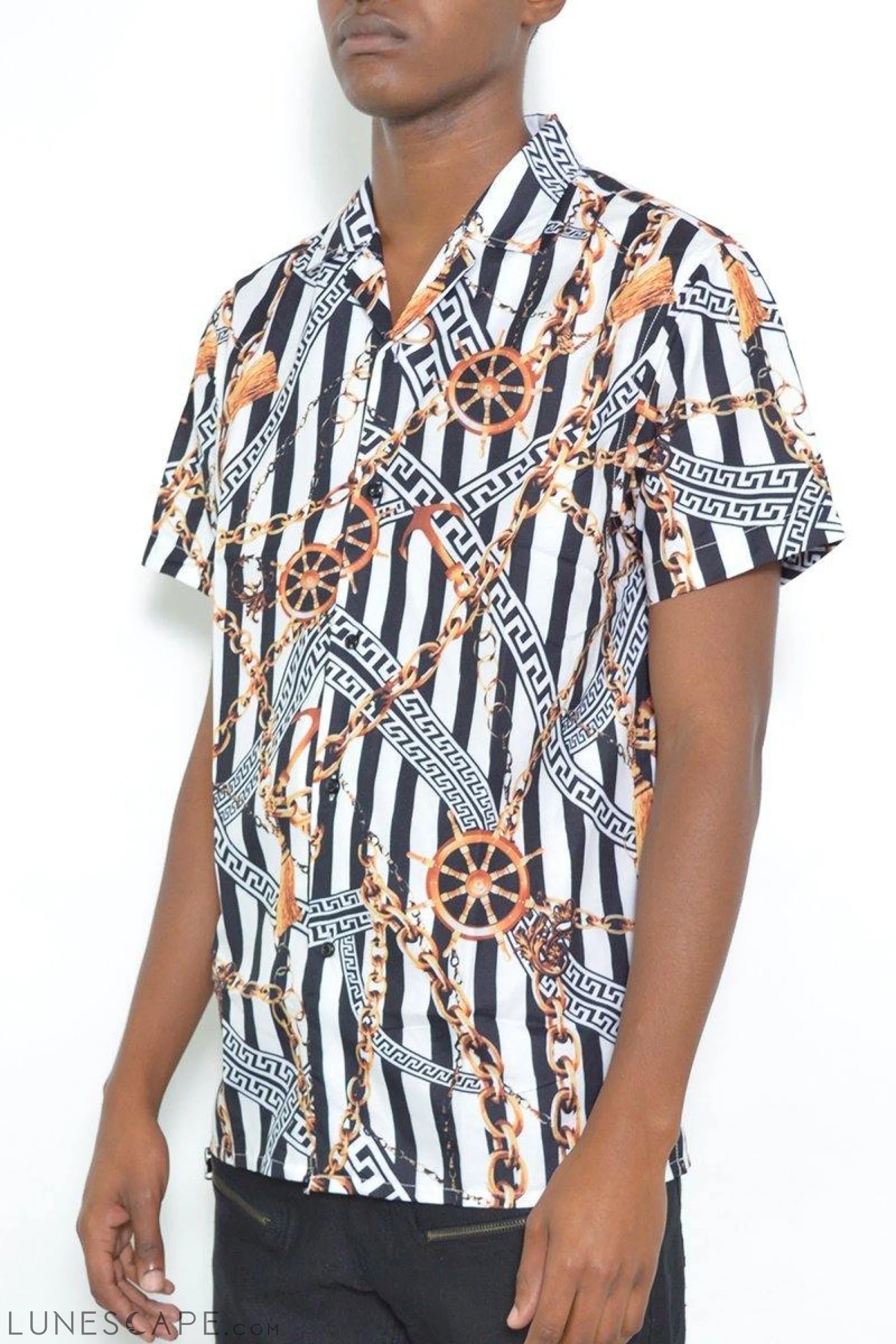 STATUS STRIPED SHORT SLEEVE BUTTON UP SHIRT LUNESCAPE