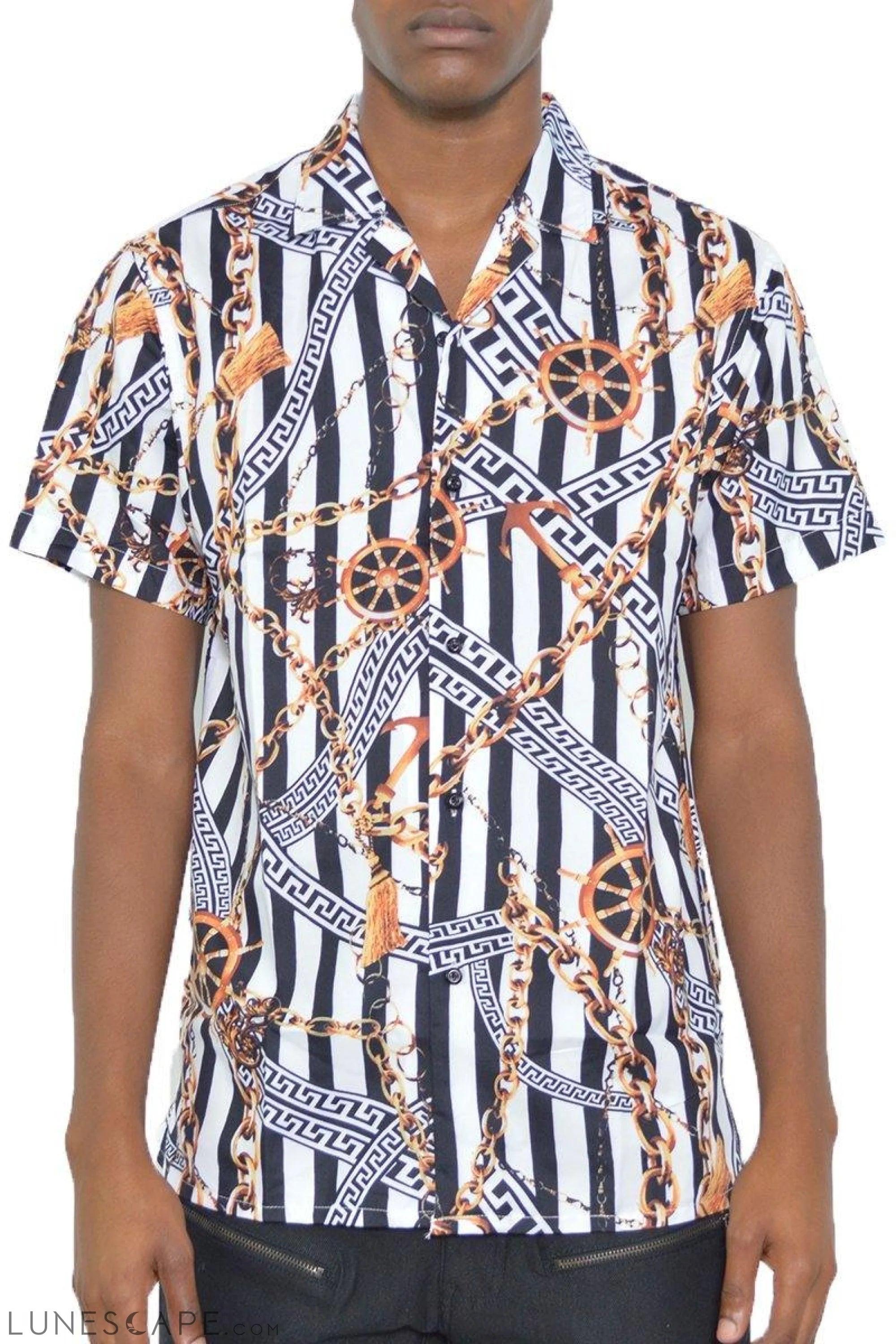 STATUS STRIPED SHORT SLEEVE BUTTON UP SHIRT LUNESCAPE