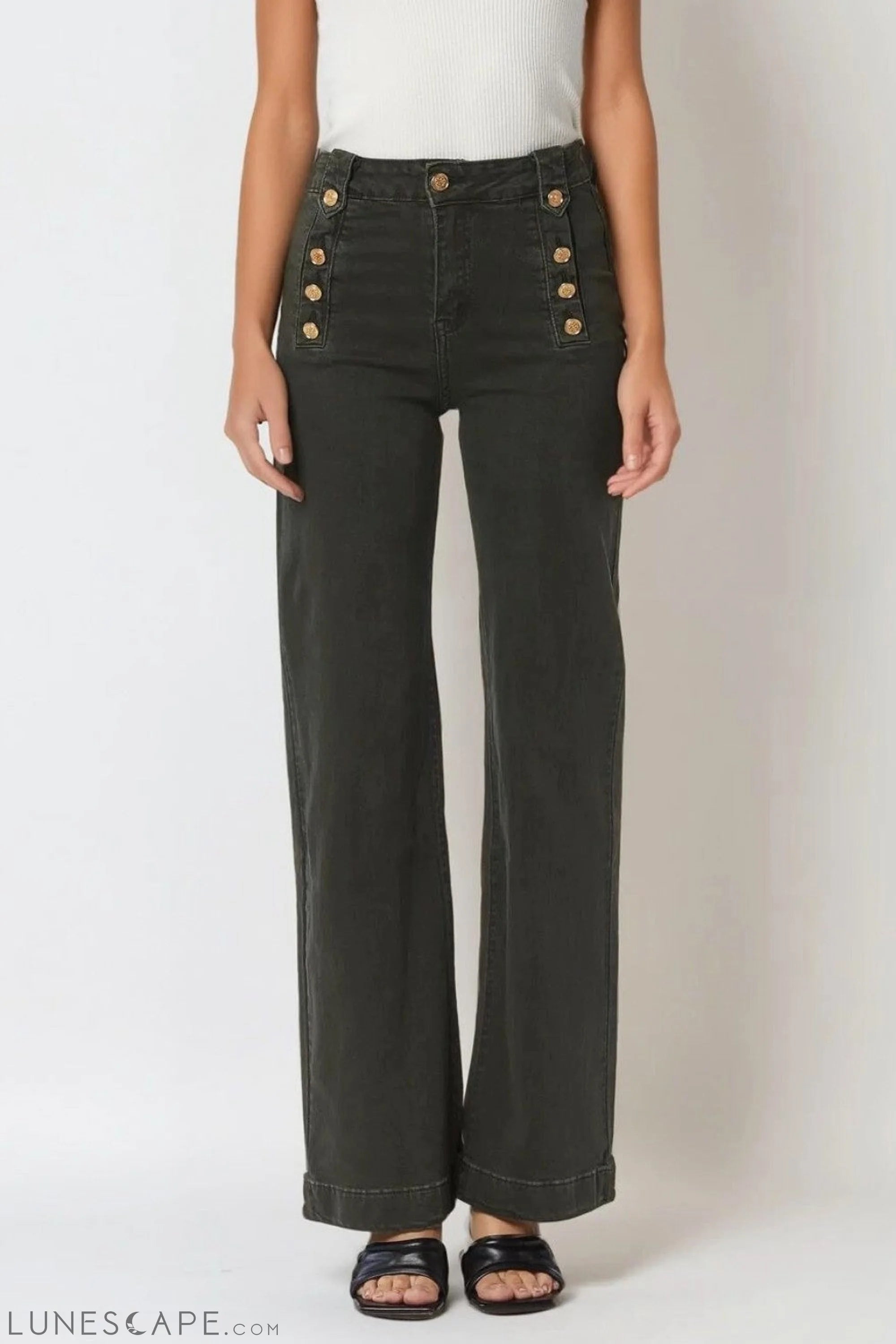 Straight Jeans With Gold Buttons at the Side in Khaki LUNESCAPE