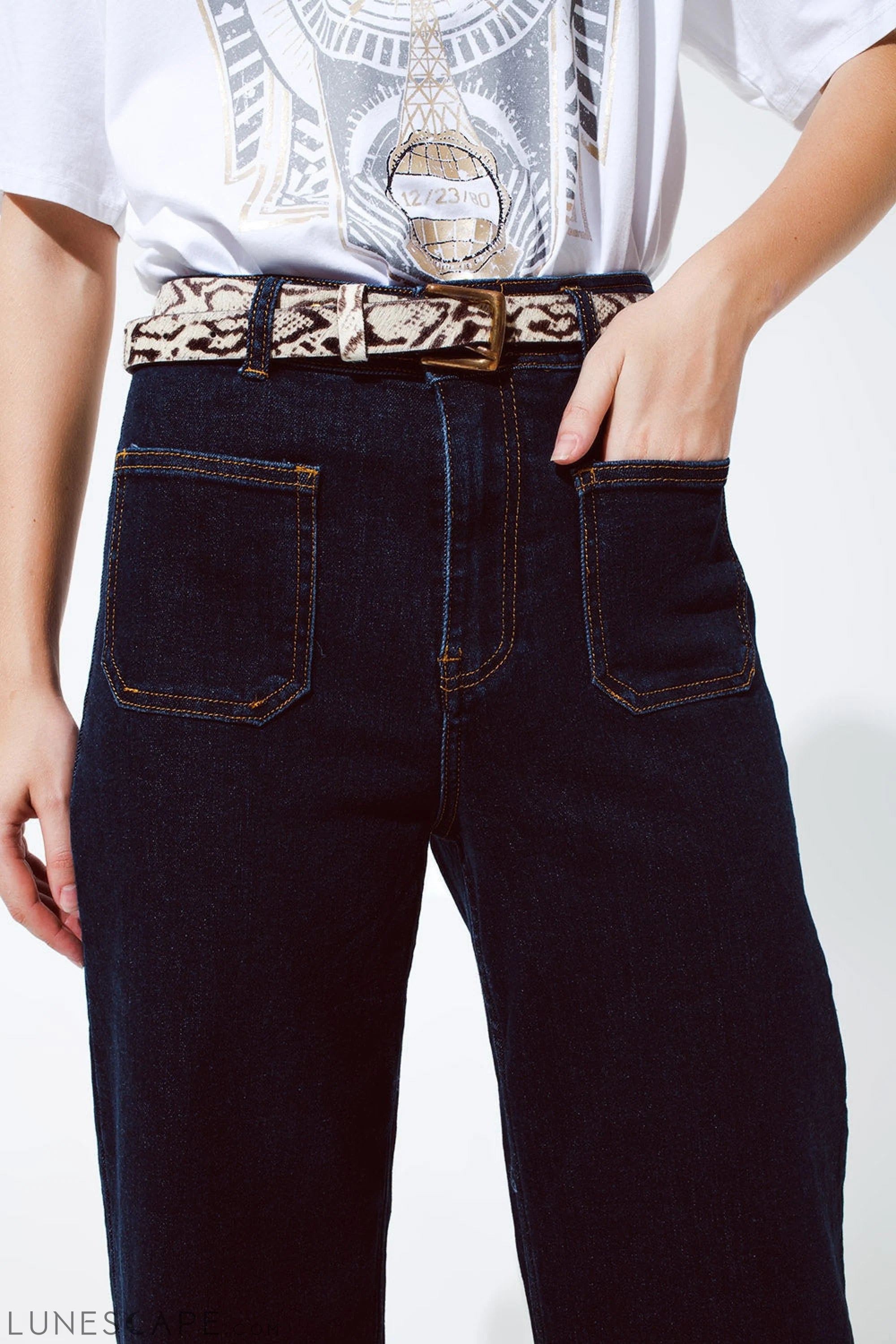 Straight Jeans With Pocket Detail in Dark Wash LUNESCAPE