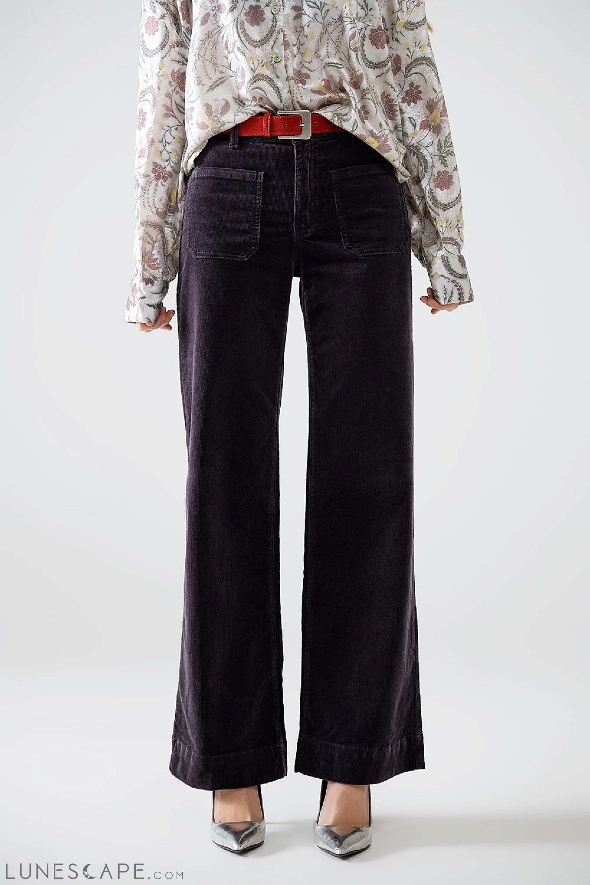 Straight Leg Corduroy Jeans in Dark Grey With Pockets LUNESCAPE