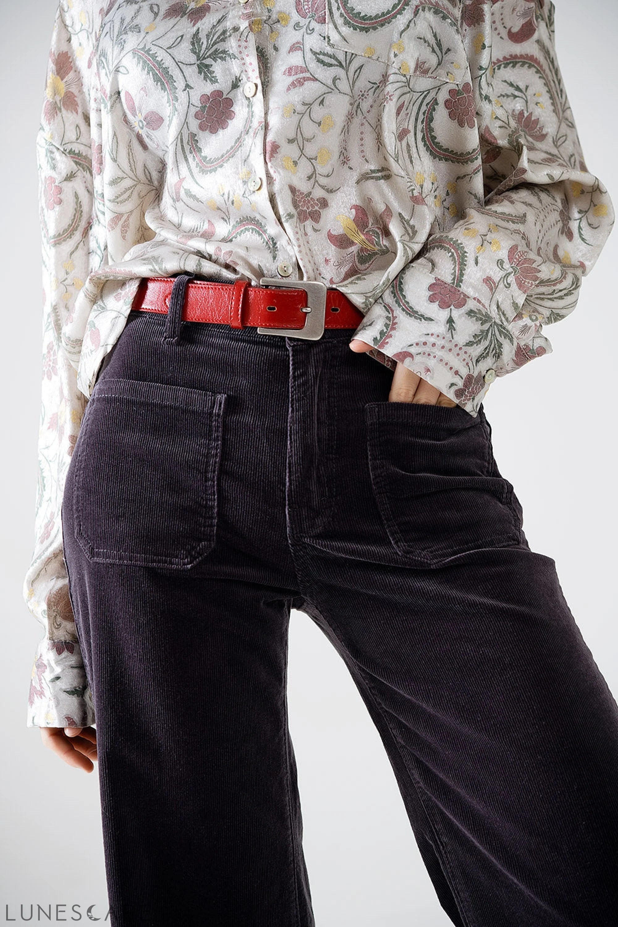 Straight Leg Corduroy Jeans in Dark Grey With Pockets LUNESCAPE