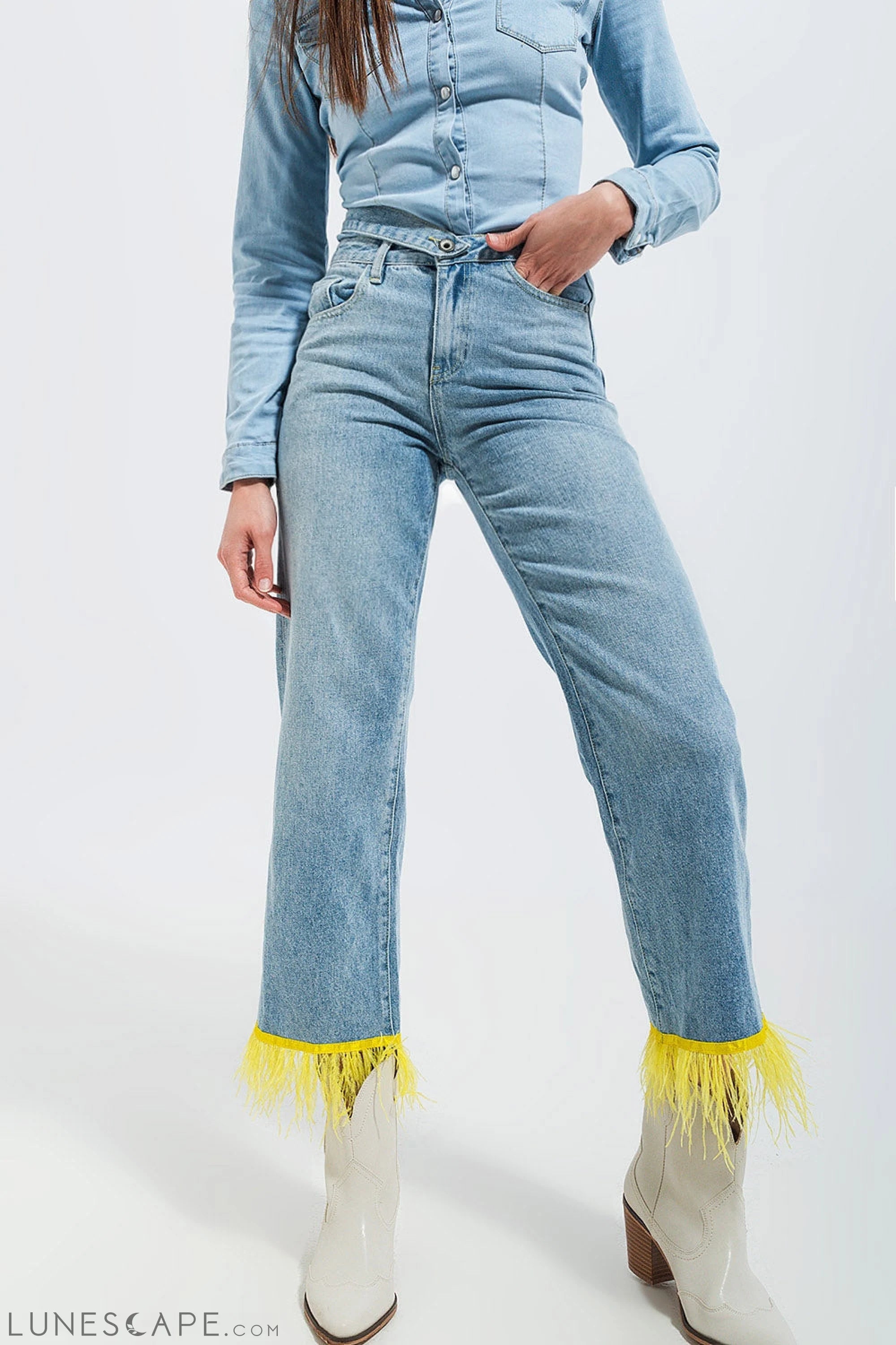 Straight Leg Jeans With Yellow Faux Feather Hem LUNESCAPE