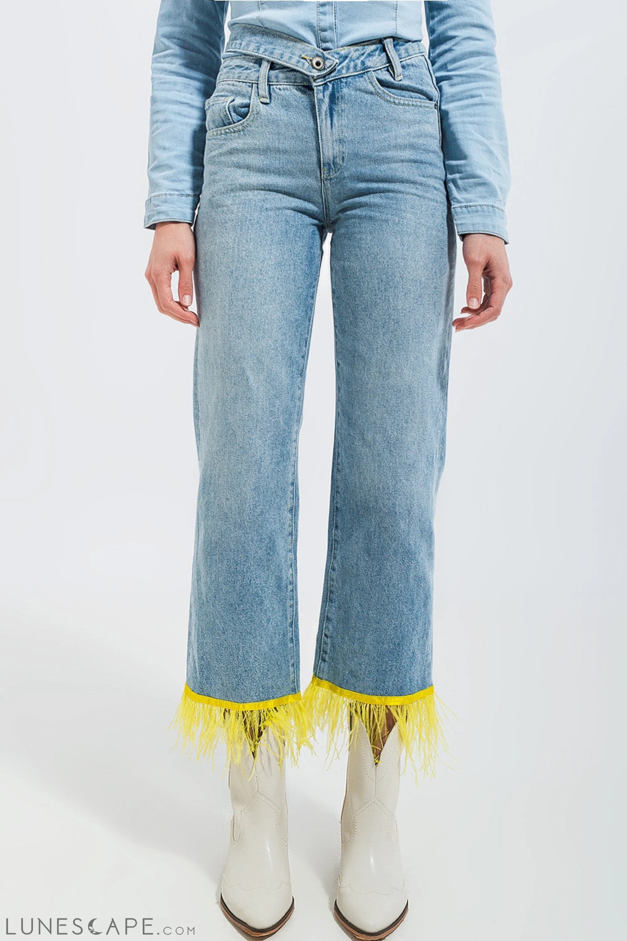 Straight Leg Jeans With Yellow Faux Feather Hem LUNESCAPE