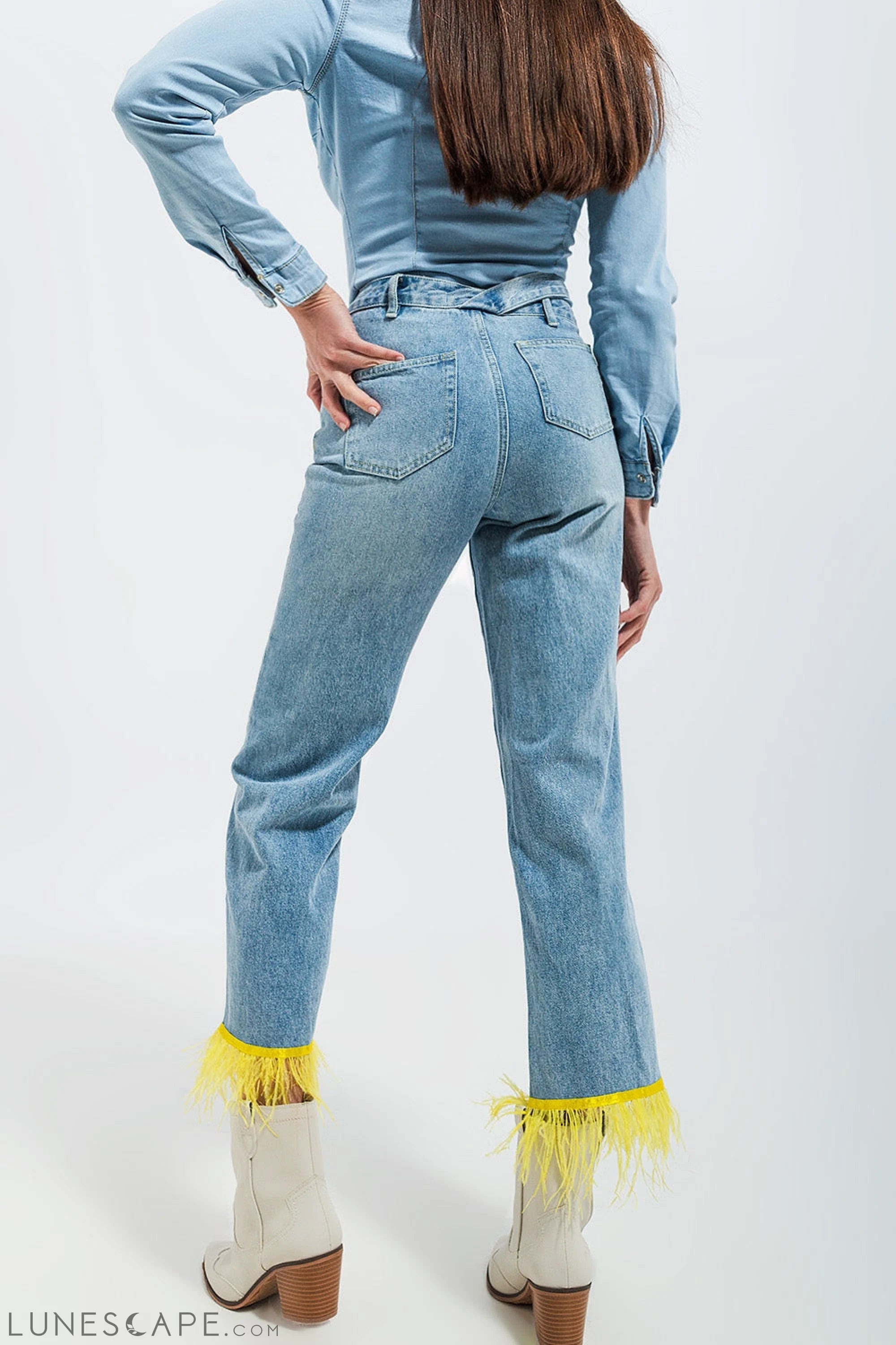 Straight Leg Jeans With Yellow Faux Feather Hem LUNESCAPE