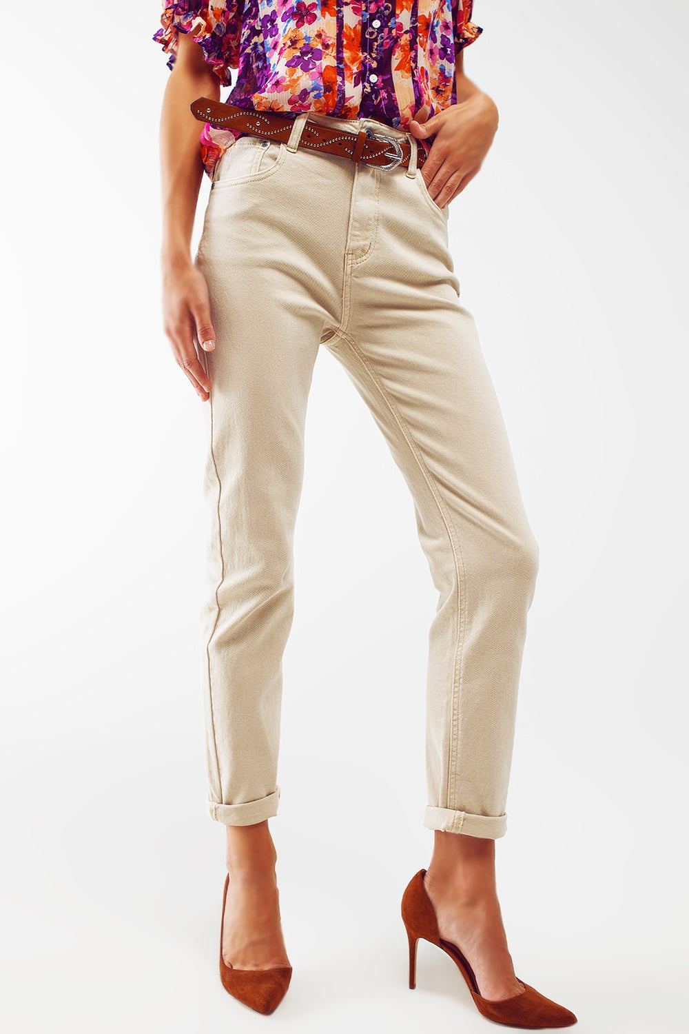 Stretch Cotton Skinny Jeans in Beige LUNESCAPE