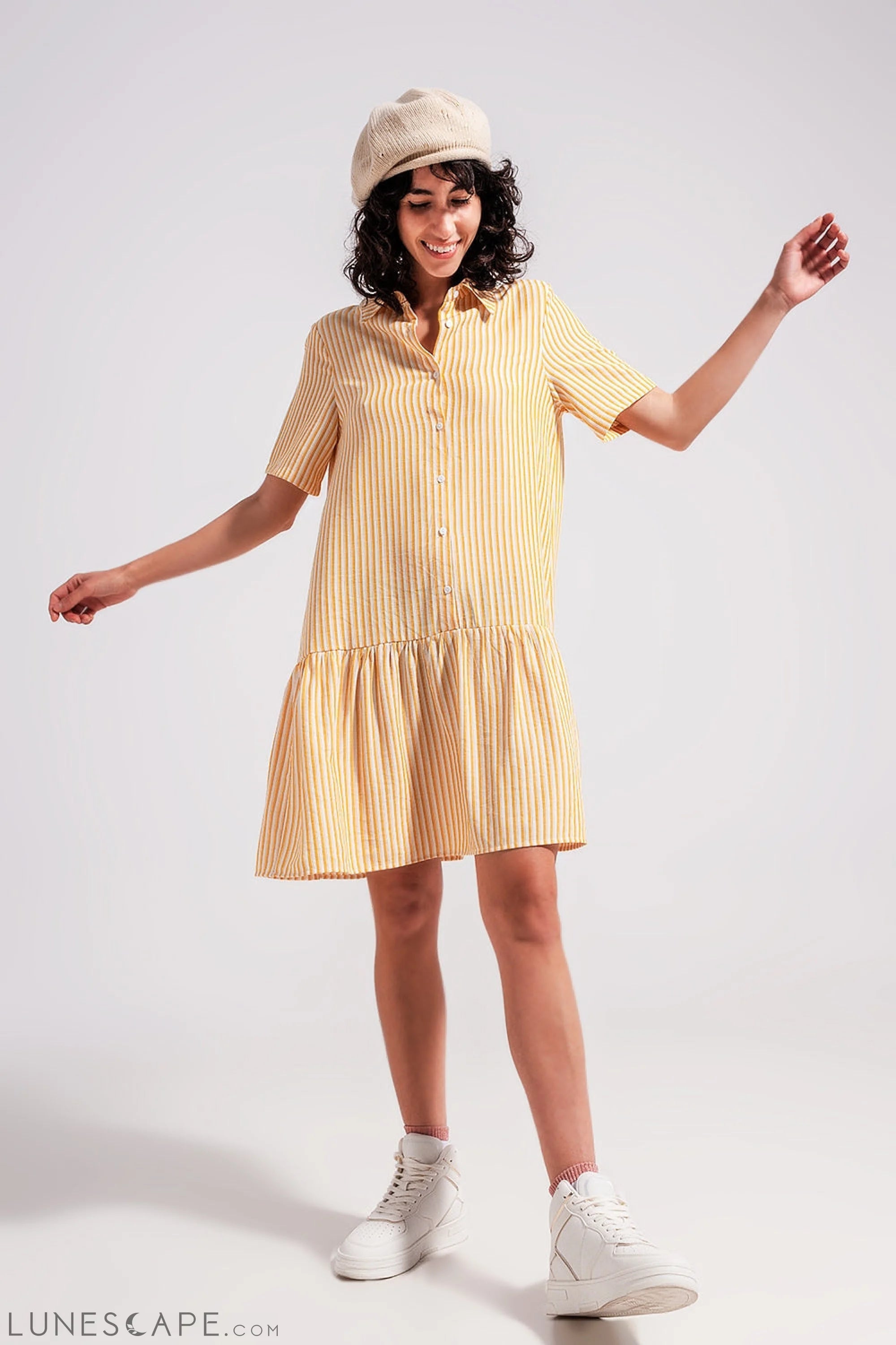 Stripe Print Mini Dress in Yellow LUNESCAPE