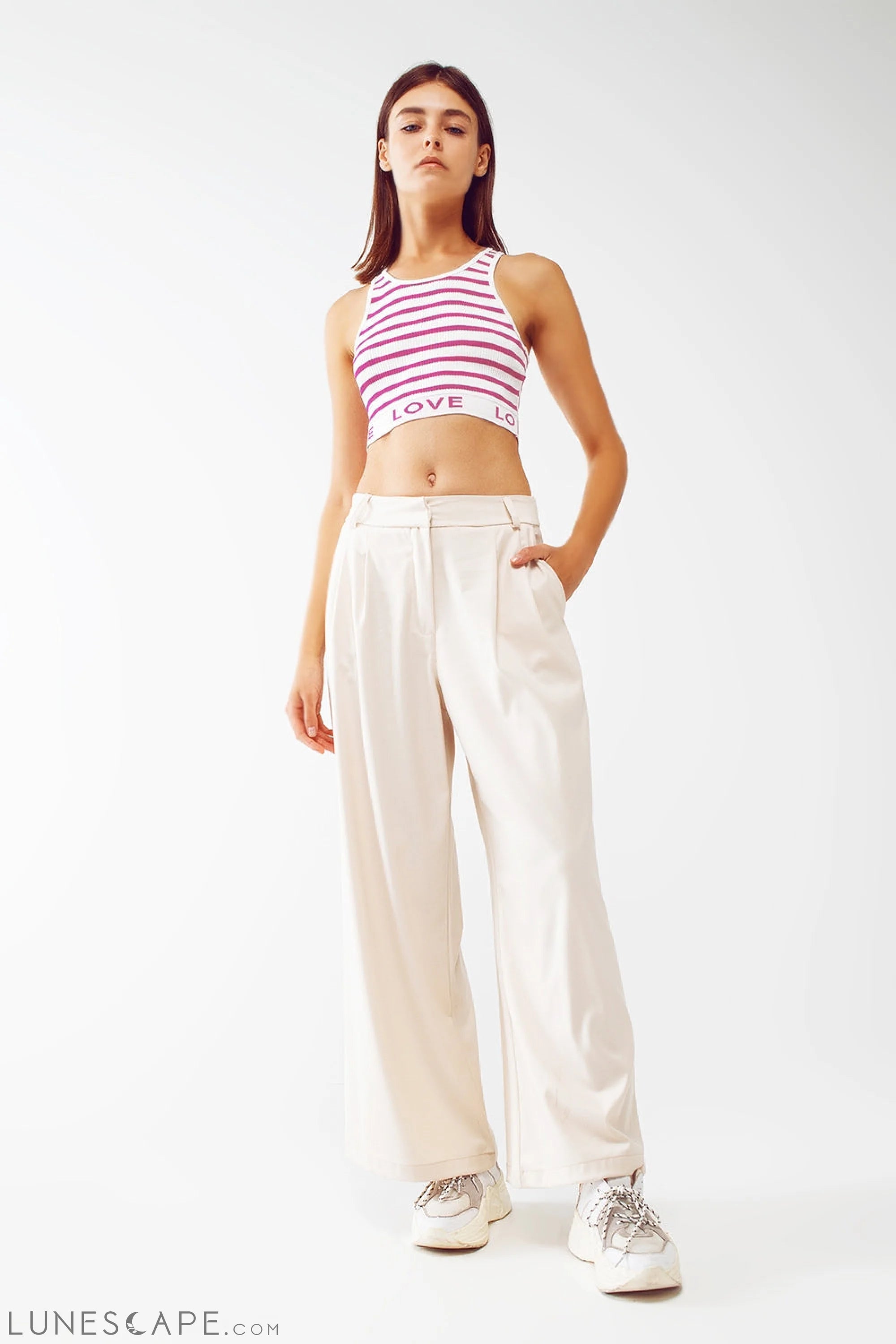 Striped Cropped Top With Love Text in Pink LUNESCAPE