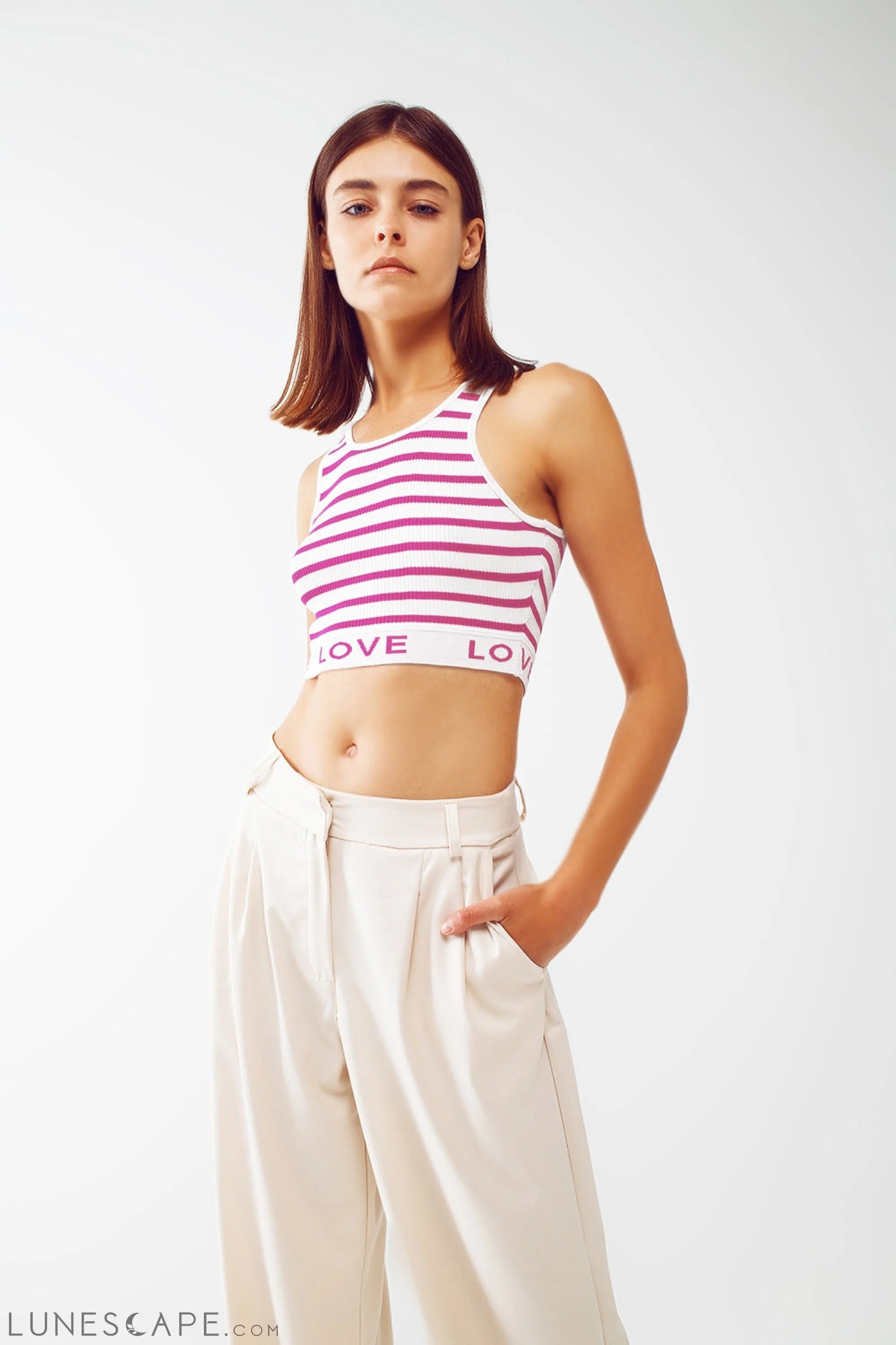 Striped Cropped Top With Love Text in Pink LUNESCAPE